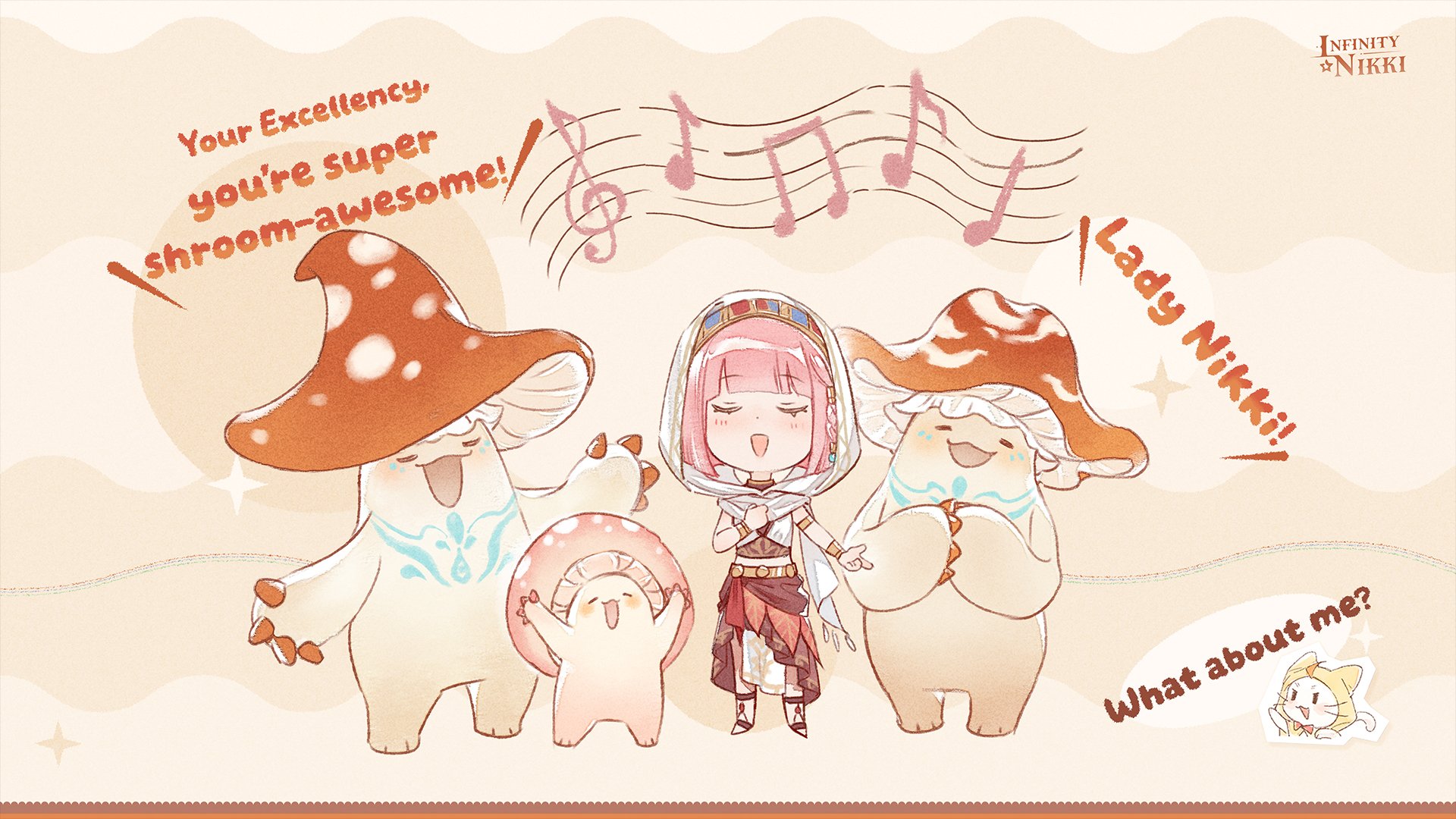 momo (nikki), nikki (nikki), infinity nikki, nikki (series), gold armlet, artist request, highres, official art, second-party source, 1girl, animal, armlet, bare shoulders, barefoot sandals (jewelry), beads, blunt bangs, boots, bracelet, braid, brown boots, brown sandals, brown shirt, brown skirt, cat, chibi, cloak, closed eyes, clothed animal, copyright logo, english text, eyelashes, fringe trim, gold bracelet, hair beads, hair ornament, hairband, hand on own chest, hood, hood up, hooded cloak, jewelry, layered skirt, light blush, logo, long skirt, midriff, multicolored hairband, mushroom, music, musical staff, open mouth, pink hair, sandals, shirt, short hair, side braid, singing, skirt, sleeveless, sleeveless shirt, smile, sparkle, treble clef, turtleneck, turtleneck shirt, white cat, white cloak