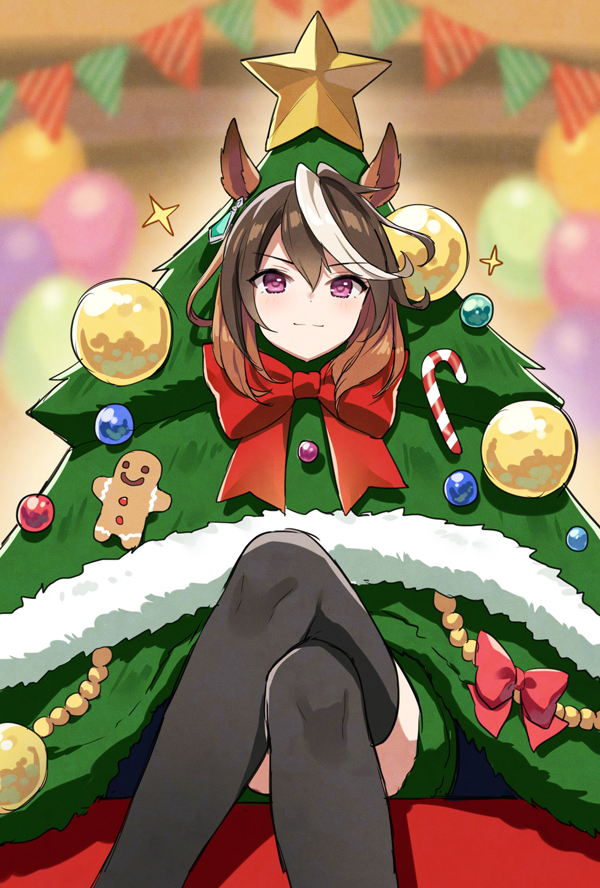 mauve, symboli rudolf (christmas emperor tree) (umamusume), symboli rudolf (umamusume), umamusume, 1girl, animal ears, balloon, black thighhighs, blush, bow, brown hair, candy, candy cane, christmas ornaments, christmas tree, christmas tree costume, closed mouth, crossed legs, earrings, food, gingerbread man, hair between eyes, horse ears, horse girl, jewelry, long hair, looking at viewer, multicolored hair, purple eyes, single earring, sitting, smile, star (symbol), streaked hair, thighhighs, tree costume, white hair