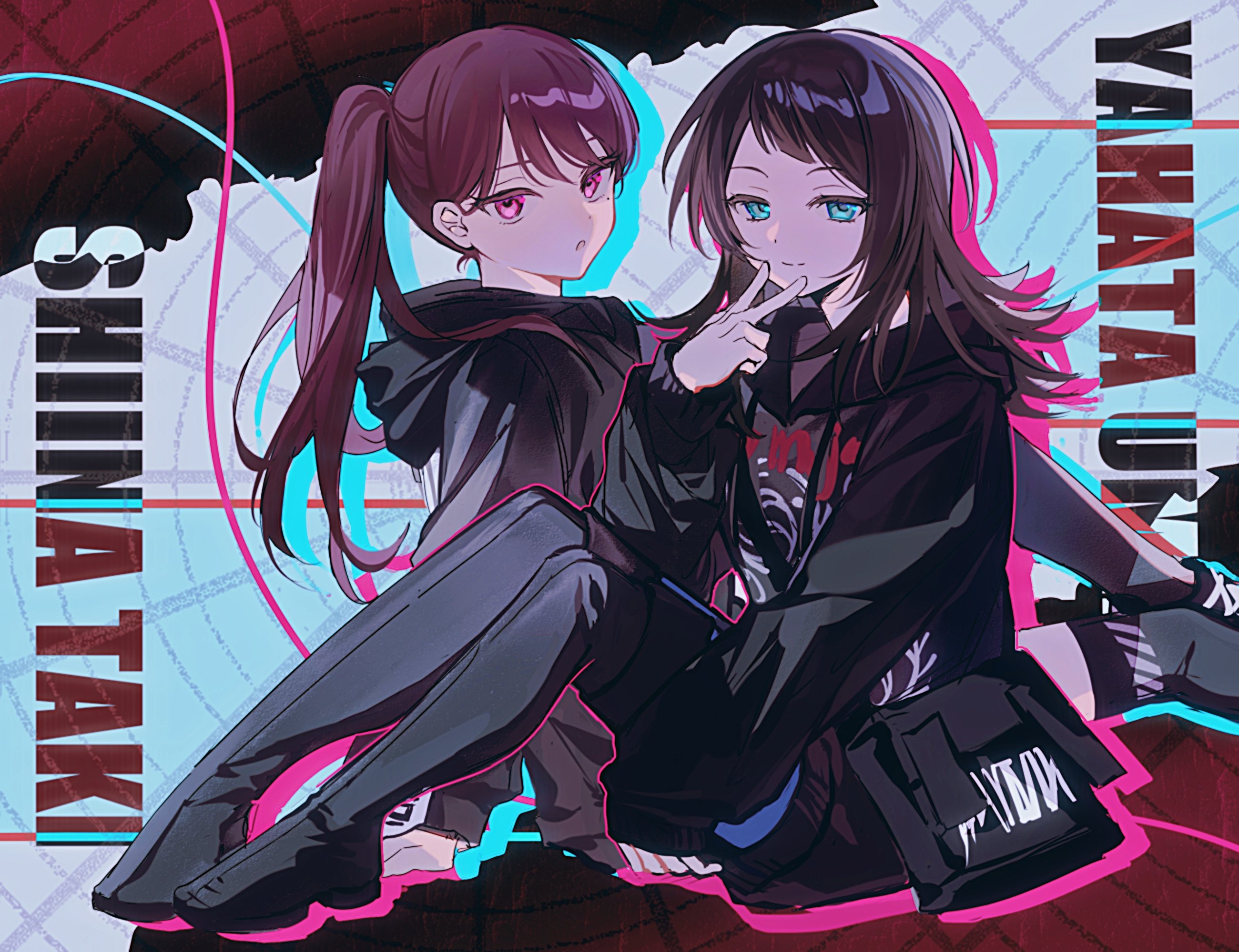 icesky, shiina taki, yahata umiri, bang dream!, bang dream! it's mygo!!!!!, chinese commentary, commentary request, highres, 2girls, black boots, black hair, black hoodie, black thighhighs, blue eyes, blue pantyhose, boots, brown hair, hood, hood down, hoodie, long hair, long sleeves, medium hair, mole, mole under eye, multiple girls, open mouth, pantyhose, ponytail, purple eyes, sitting, thigh boots, thighhighs, v, v over mouth