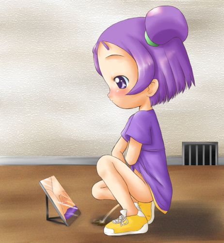 segawa onpu, ojamajo doremi, artist request, lowres, 1girl, blush, body exploration, censored, clothes lift, dress, dress lift, female focus, floor, loli, looking down, mirror, mosaic censoring, no panties, peeing, ponytail, puddle, purple dress, purple eyes, purple hair, pussy, shoes, short hair, short sleeves, side ponytail, sneakers, spread pussy, squatting, yellow shoes