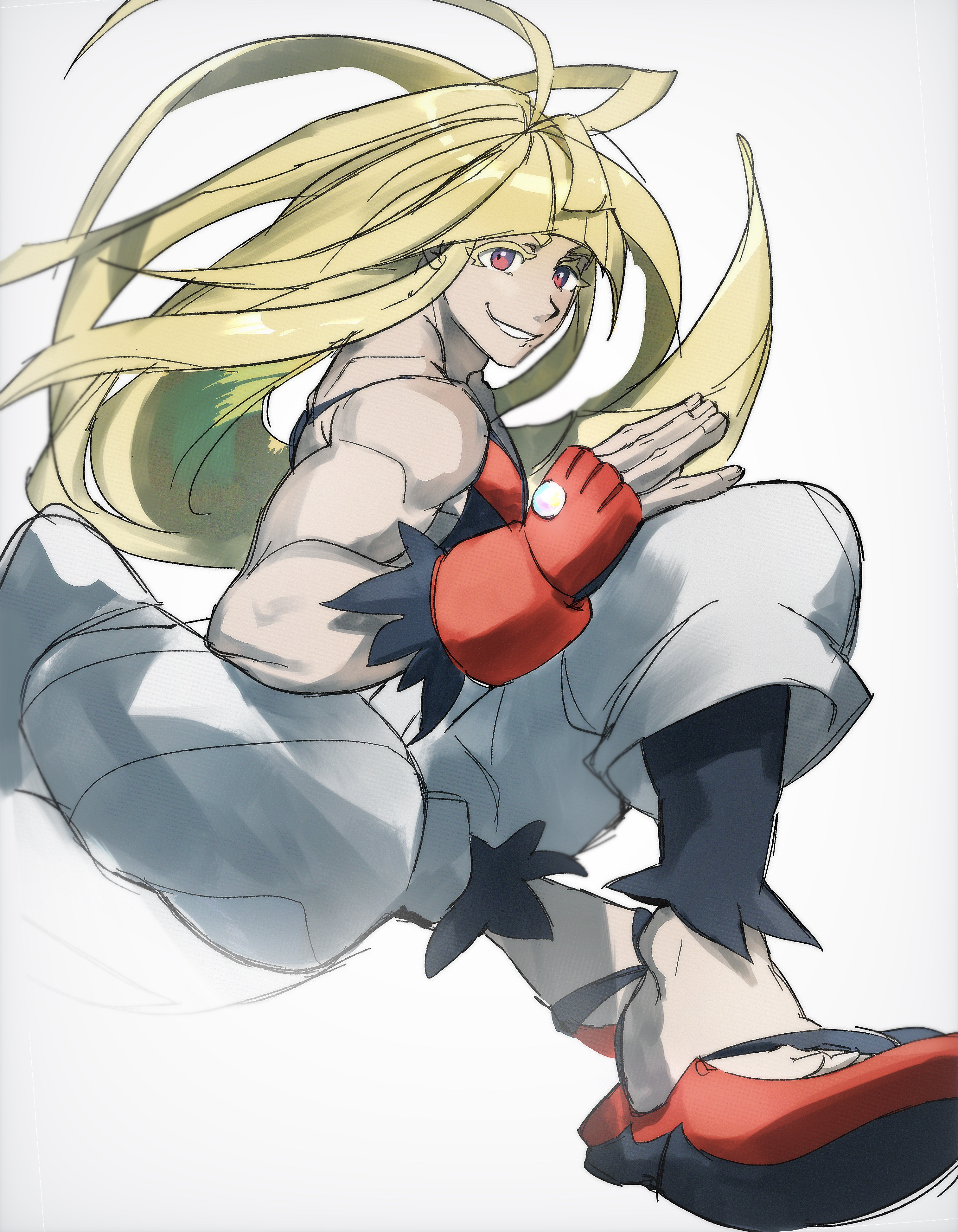 ivor (pokemon), nintendo, pokemon, pokemon legends: z-a, absurdres, highres, 1boy, blonde hair, colored eyelashes, dougi, gloves, karate gi, kinikura401, long hair, male focus, mega stone, mole, mole under mouth, muscular, muscular male, pants, partially fingerless gloves, red eyes, red gloves, white background, white pants