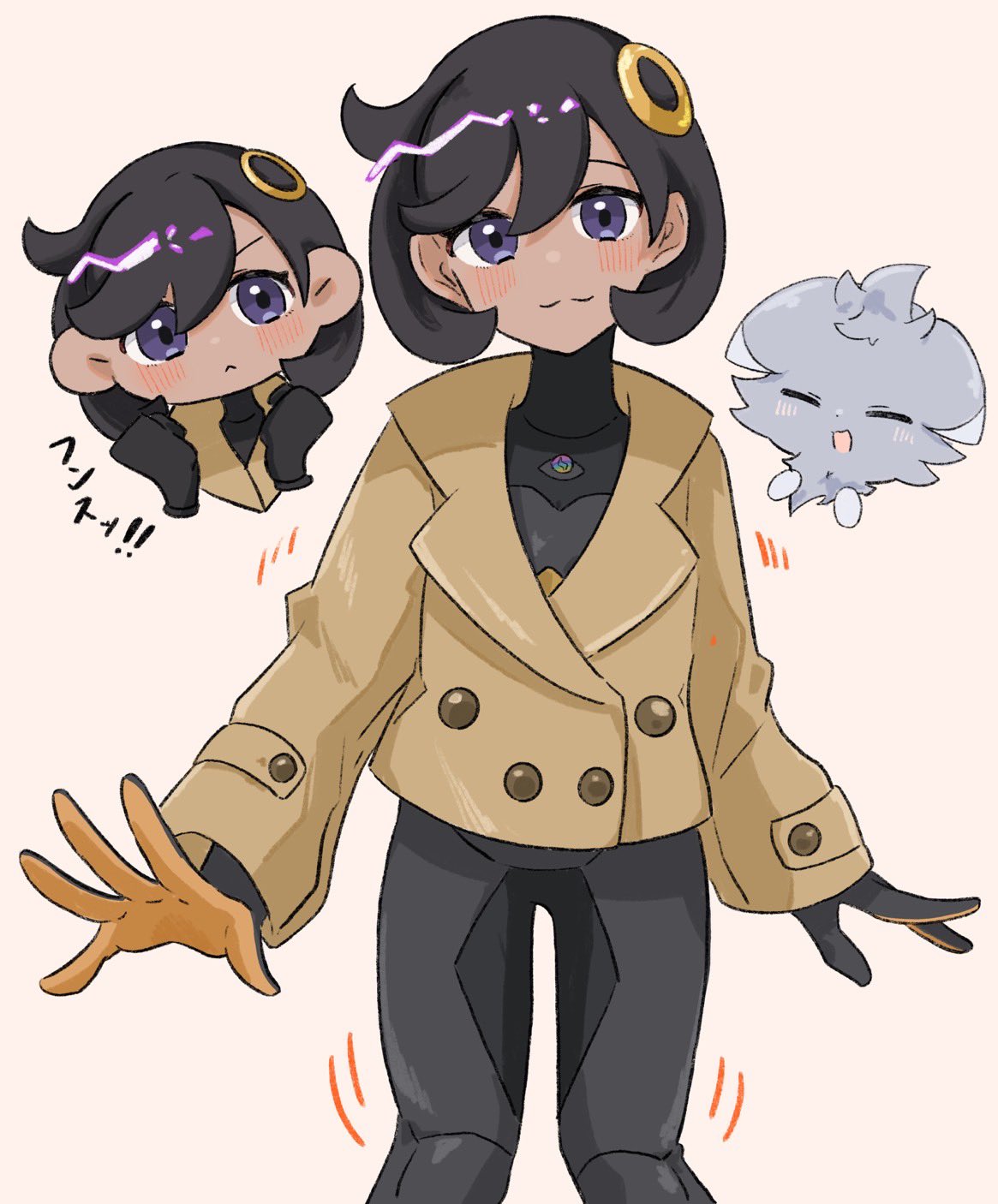 ryokukoucha, emma (pokemon), nintendo, pokemon, pokemon legends: z-a, highres, 1girl, black bodysuit, black gloves, black hair, blush, bodysuit, brown jacket, closed eyes, closed mouth, dark-skinned female, dark skin, gloves, hair ornament, jacket, latex, latex bodysuit, looking at viewer, mega stone, open mouth, orange gloves, pokemon (creature), purple eyes, short hair, smile, two-tone gloves