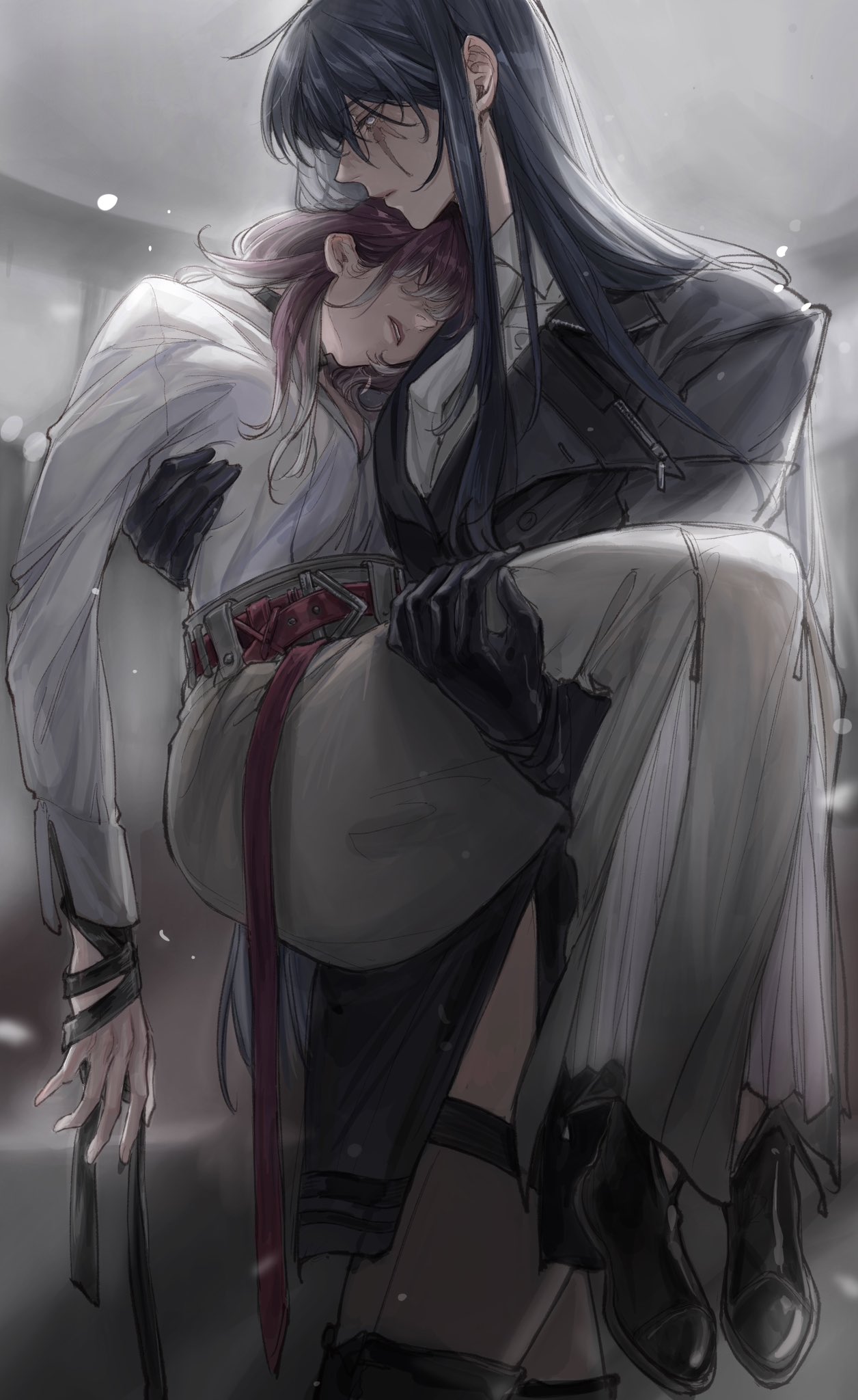 deerwhisky, rahu (path to nowhere), shalom (path to nowhere), path to nowhere, highres, 2girls, black gloves, black hair, black jacket, brown skirt, carrying, carrying person, gloves, grey hair, jacket, long hair, long skirt, multiple girls, red hair, scar, scar across eye, scar on face, shirt, sidelocks, skirt, white shirt