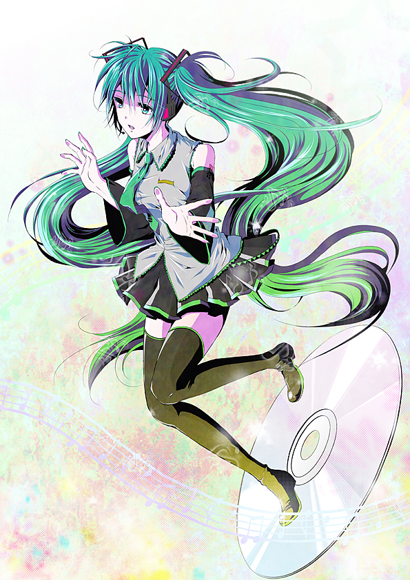 digudigudan, hatsune miku, vocaloid, 1girl, aqua eyes, aqua hair, cd, detached sleeves, female focus, full body, headphones, headset, legs, long hair, necktie, skirt, solo, thighhighs, twintails, very long hair, zettai ryouiki
