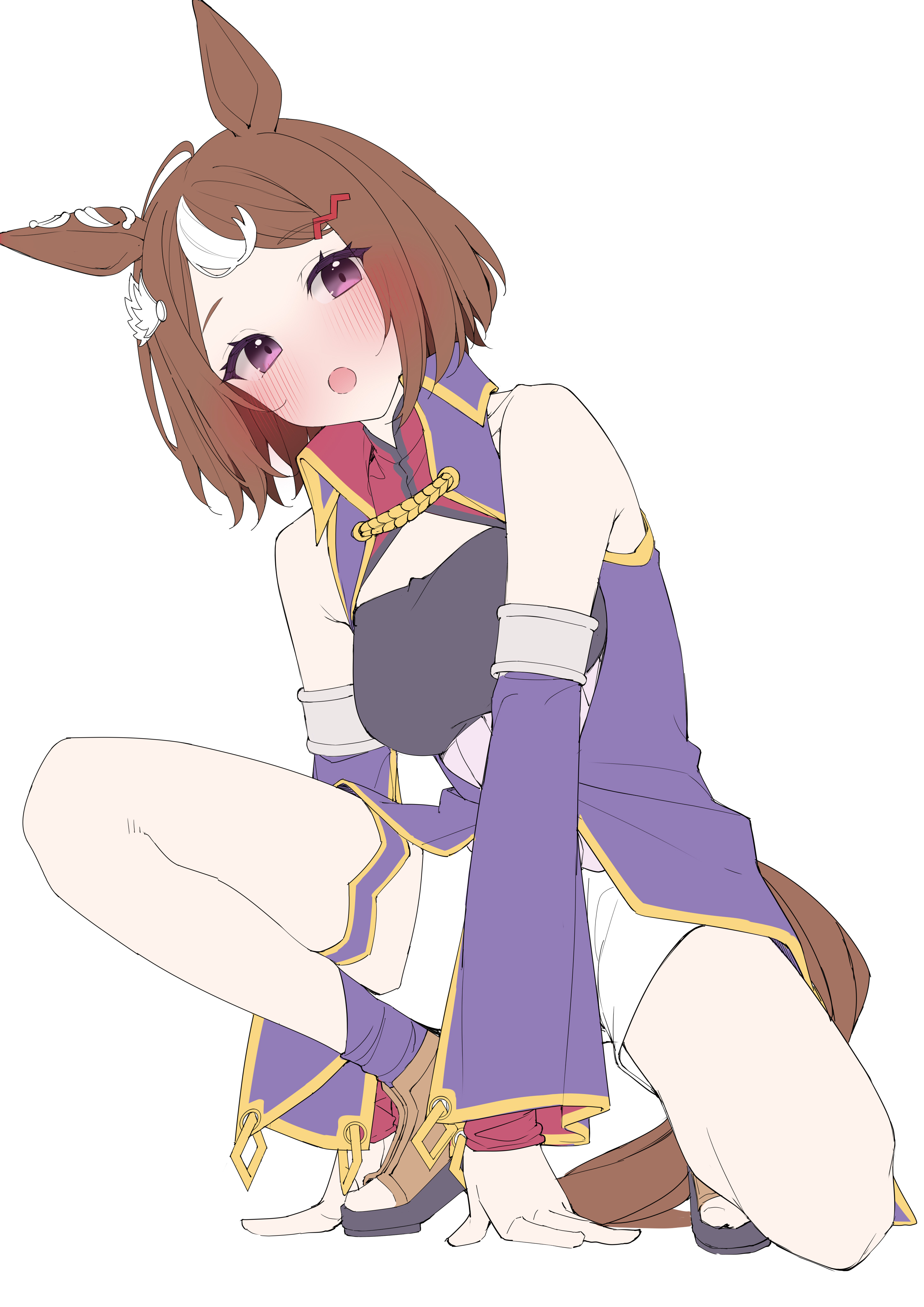 kawai ritsu (rits meg), tsurumaru tsuyoshi (dream bold stand tall tsuyoshi!) (umamusume), tsurumaru tsuyoshi (umamusume), umamusume, absurdres, highres, 1girl, :o, animal ears, bare shoulders, blush, brown hair, detached sleeves, dress, earrings, feather hair ornament, feathers, hair ornament, hands on ground, horse ears, horse girl, horse tail, jewelry, looking at viewer, multicolored hair, purple dress, purple sleeves, short hair, shorts, simple background, sleeveless, sleeveless dress, solo, streaked hair, tail, white background, white hair, white shorts
