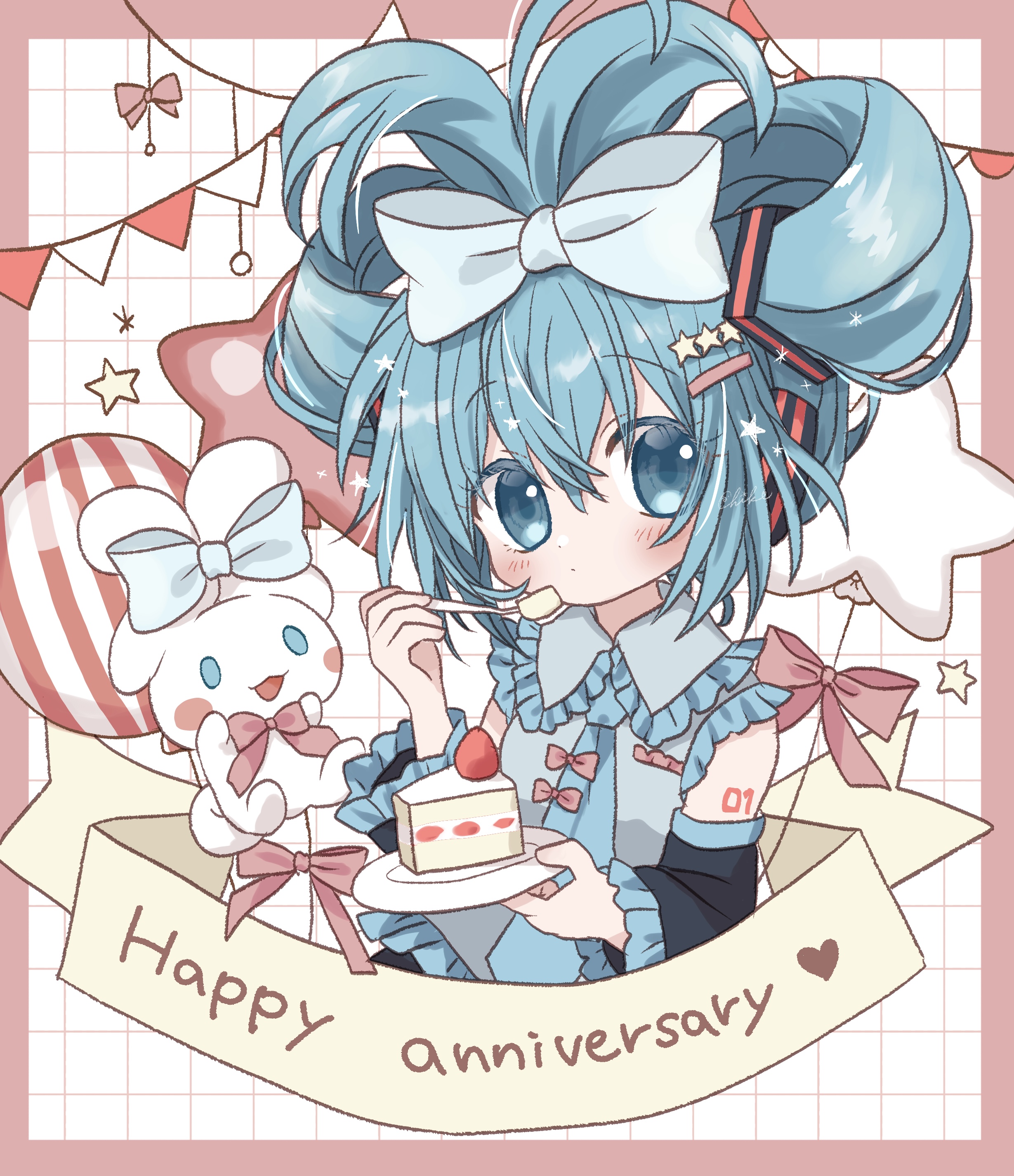 cinnamiku, cinnamoroll, hatsune miku, fuwa fuwa cinnamoroll, sanrio, vocaloid, absurdres, commentary request, highres, 1girl, balloon, blue eyes, blue hair, blush, border, bow, cake, chiko (star pocco), collared shirt, detached sleeves, food, fork, frilled shirt collar, frilled sleeves, frills, grid background, hair bow, hair ornament, hairclip, happy anniversary, headphones, holding, holding fork, holding plate, long sleeves, necktie, pink border, plate, shirt, sleeveless, sleeveless shirt, star (symbol), star balloon, star hair ornament, strawberry shortcake, string of flags, updo