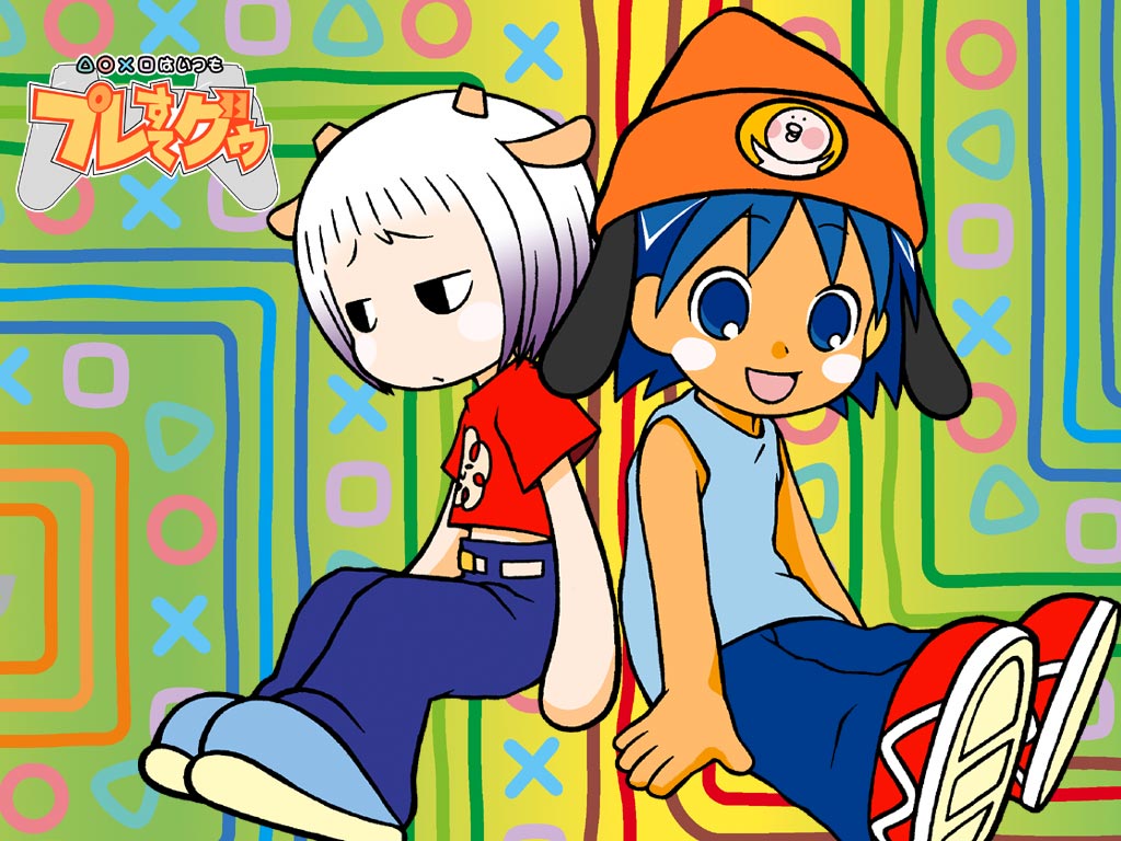 guu (jungle wa itsumo), hare (jungle wa itsumo), lammy (happy tree friends), lammy (um jammer lammy), parappa, jungle wa itsumo hare nochi guu, parappa the rapper, um jammer lammy, artist request, 1boy, 1girl, animal ears, blue hair, bored, cosplay, gradient hair, happy, hat, horns, lammy (cosplay), multicolored hair, parappa (cosplay), purple hair, sitting, two-tone hair, white hair