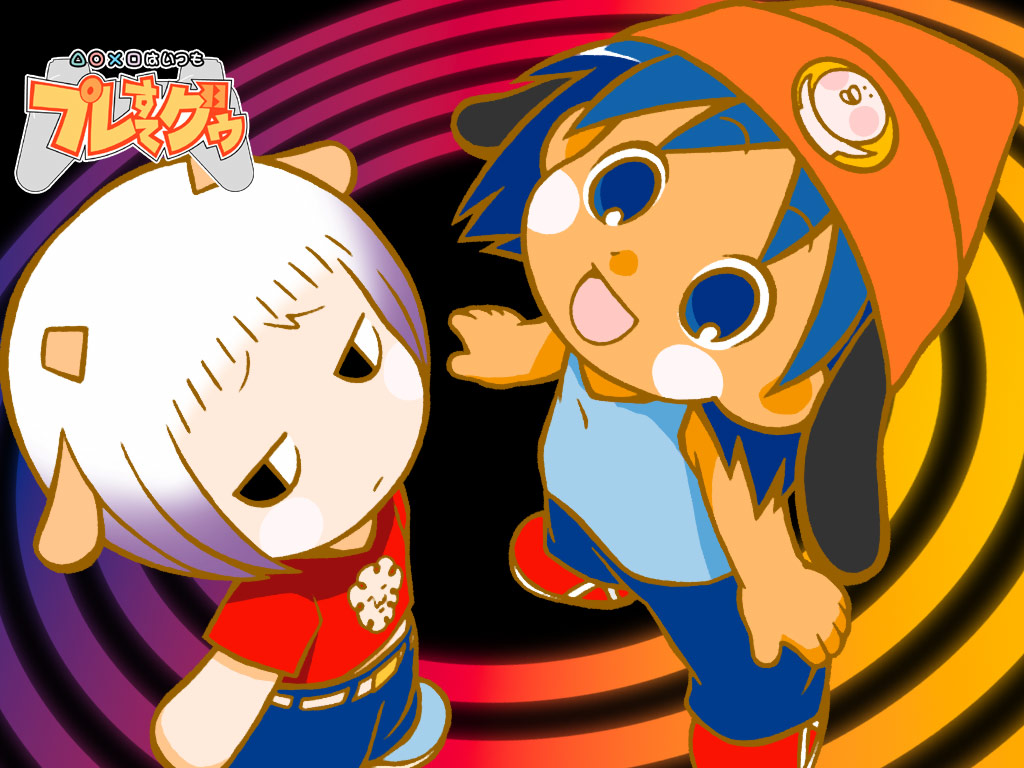 guu (jungle wa itsumo), hare (jungle wa itsumo), lammy (happy tree friends), lammy (um jammer lammy), parappa, jungle wa itsumo hare nochi guu, parappa the rapper, um jammer lammy, artist request, 1boy, 1girl, animal ears, blue hair, bored, cosplay, gradient hair, happy, hat, horns, lammy (cosplay), multicolored hair, parappa (cosplay), purple hair, two-tone hair, white hair