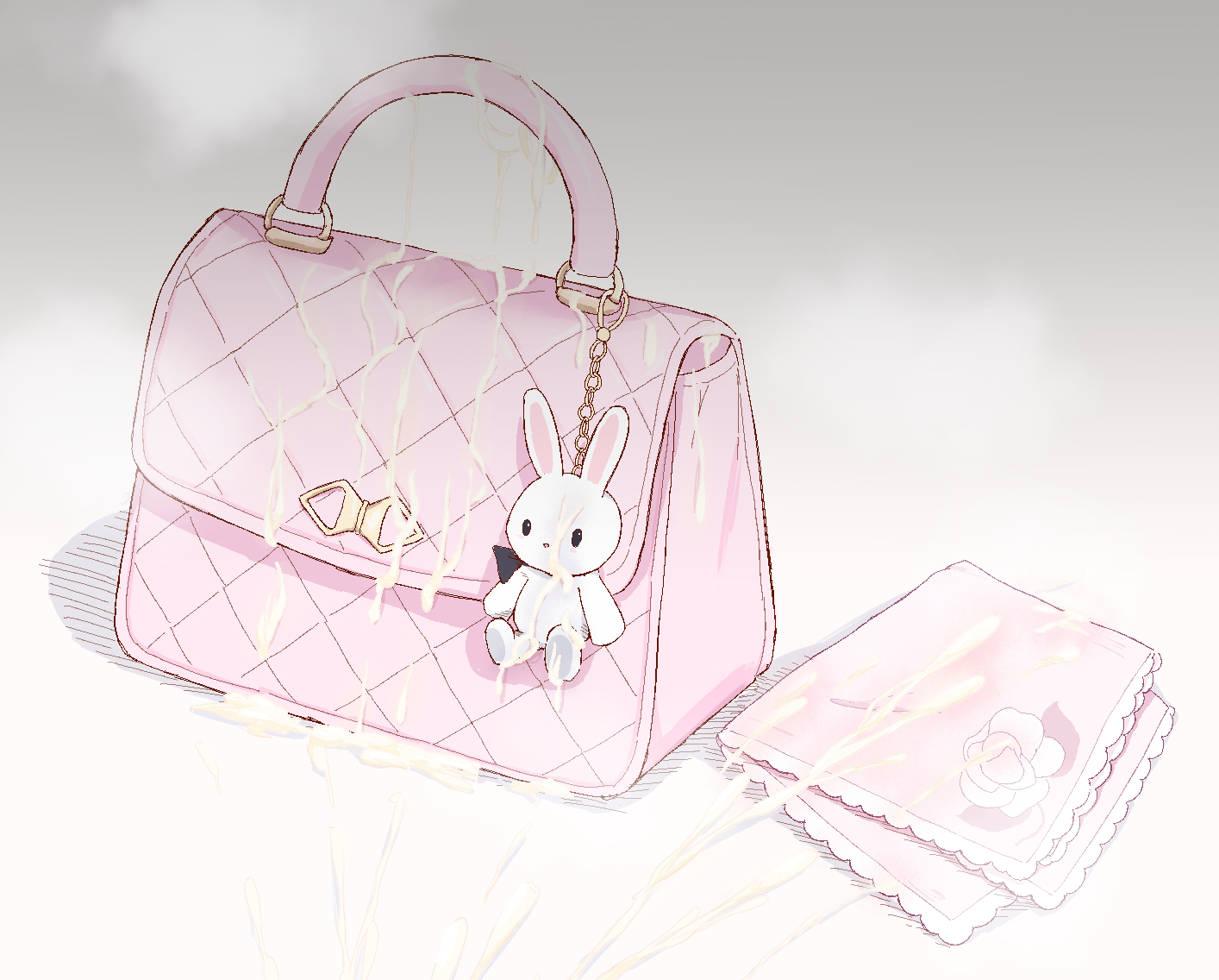 niss oekaki, takane (blue archive), blue archive, bag, bag charm, charm (object), cum, cum on object, handbag, handkerchief, no humans, object focus, pink bag, still life, white background