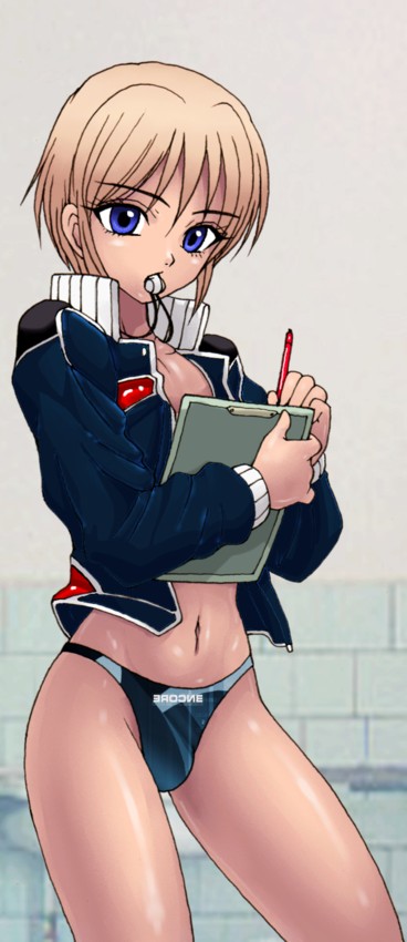 usura, bad id, 1boy, androgynous, black male swimwear, black swim briefs, blonde hair, blue eyes, bulge, clipboard, crossdressing, crossdressing (mtf), male focus, male swimwear, midriff, mouth hold, short hair, solo, swim briefs, swimsuit, trap, whistle