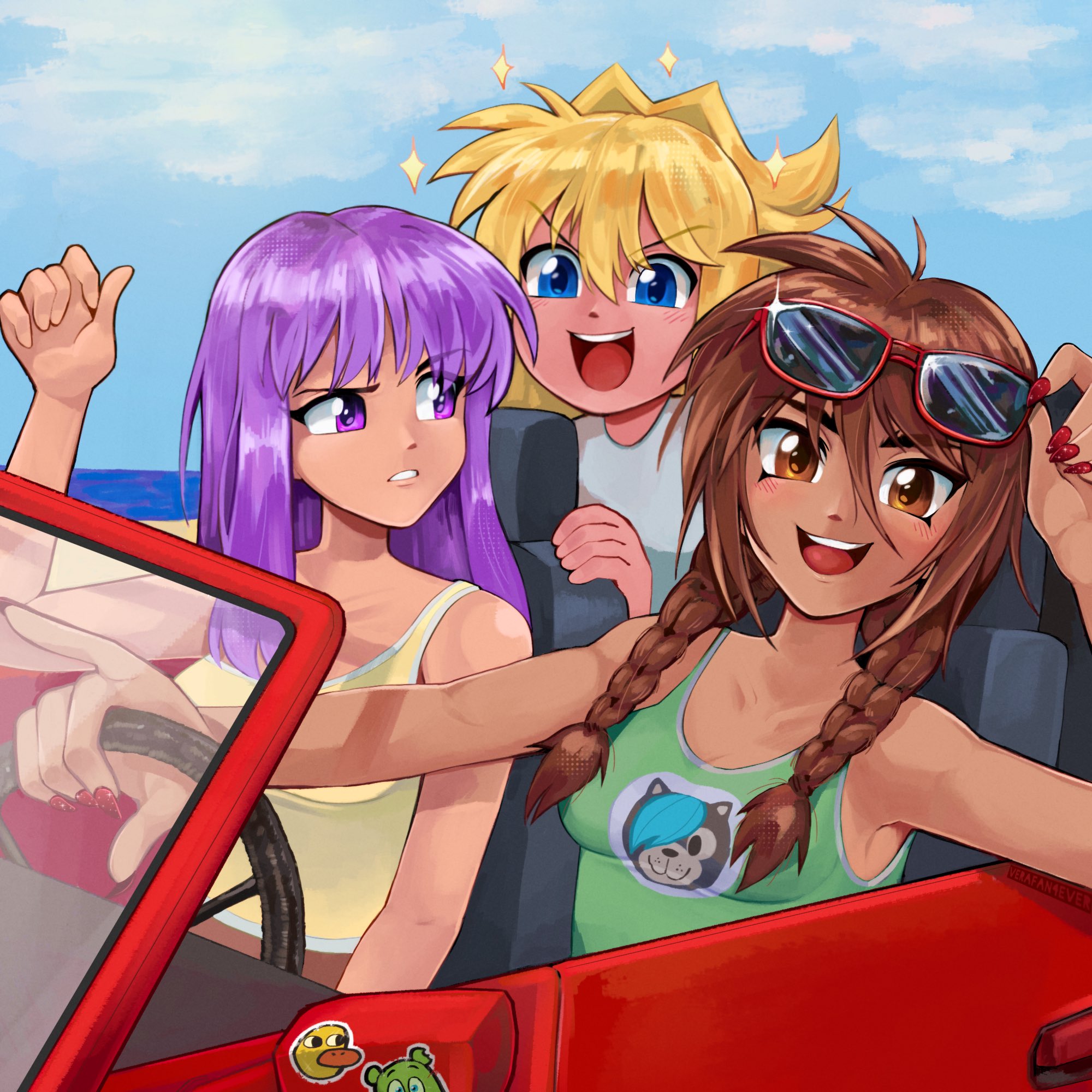 caramella girls, verafan4ever, mindy (caramella girls), nadine (caramella girls), vera (caramella girls), commentary, english commentary, highres, 3girls, blonde hair, blue eyes, braid, breasts, brown eyes, brown hair, car, duck (the duck song), gummibaer, jamster, long hair, looking at viewer, low twin braids, medium breasts, motor vehicle, multiple girls, outdoors, purple eyes, purple hair, short hair, sky, small breasts, sticker, sunglasses, tank top, the duck song, twin braids