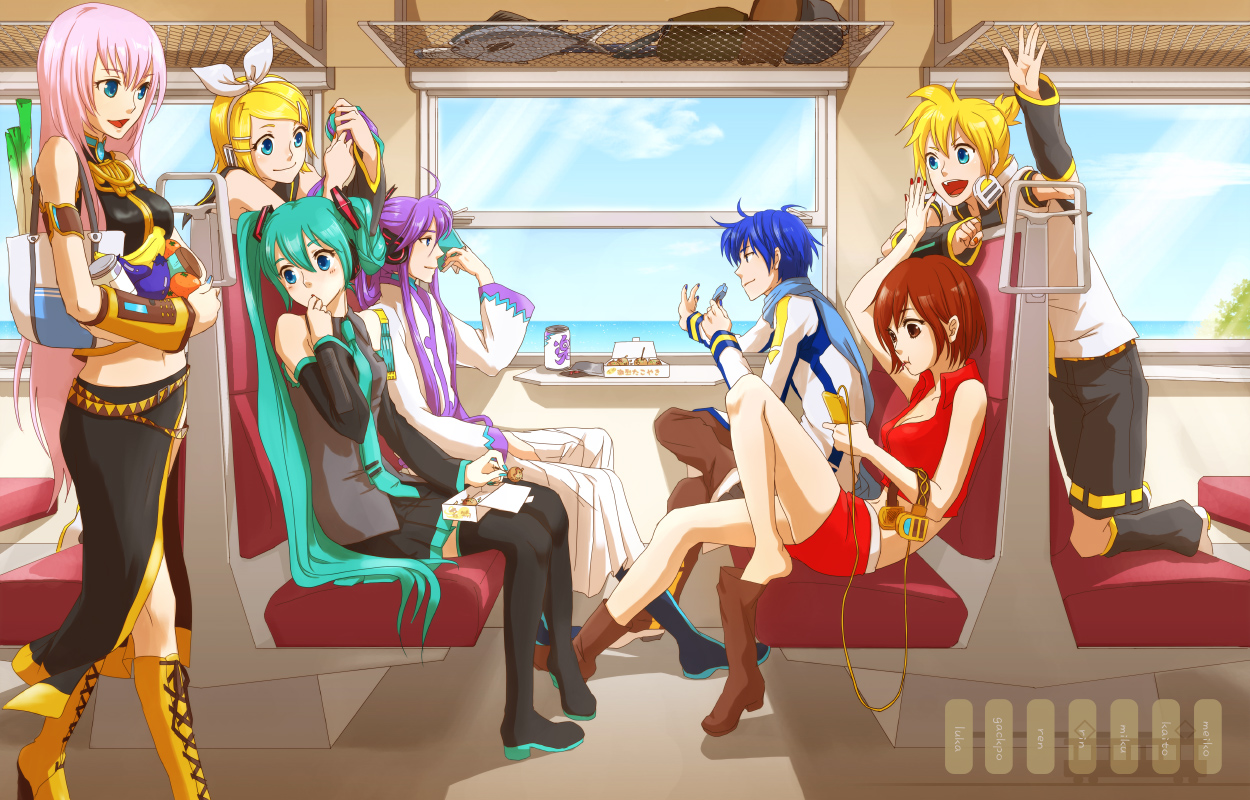 momopanda, hatsune miku, kagamine len, kagamine rin, kaito (vocaloid), kamui gakupo, megurine luka, meiko (vocaloid), vocaloid, 3boys, 4girls, ahoge, aqua hair, aqua nails, bag, blonde hair, blue eyes, blue hair, blue nails, blue scarf, boots, breasts, brown eyes, brown hair, can, cleavage, day, detached sleeves, digital media player, eggplant, everyone, fish, food, fruit, hair ornament, hair ribbon, hairclip, headphones, ipod, knee boots, long hair, medium breasts, midriff, multiple boys, multiple girls, nail polish, navel, ocean, orange (fruit), pink hair, ponytail, popsicle, purple hair, red nails, ribbon, scarf, shoe dangle, short hair, shorts, siblings, sitting, skirt, sky, smile, spring onion, thighhighs, train, train interior, twins, twintails, very long hair, zettai ryouiki