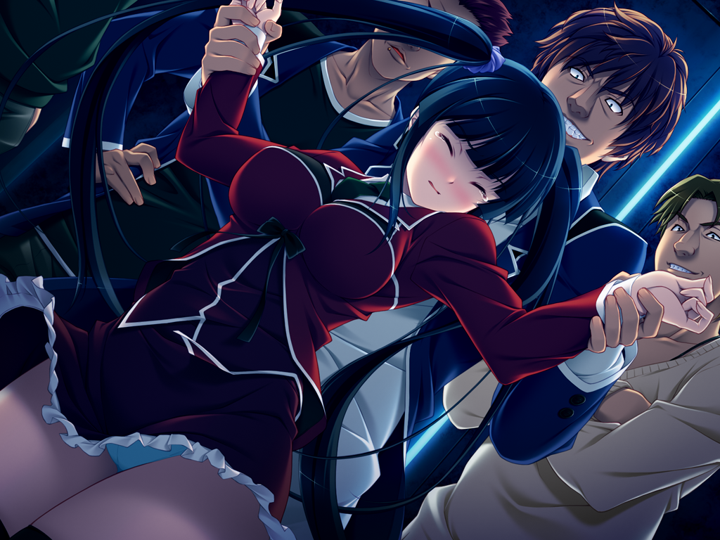 tsukumo kazuita, kurasawa anzu, nerawareta megami tenshi angel tear, game cg, large variant set, non-web source, official art, variant set, 1girl, 4boys, black hair, blue panties, blush, breasts, brown hair, closed eyes, grin, holding another's wrist, imminent rape, large breasts, long hair, multiple boys, panties, pantyshot, restrained, school uniform, skirt, smile, thighhighs, twintails, underwear