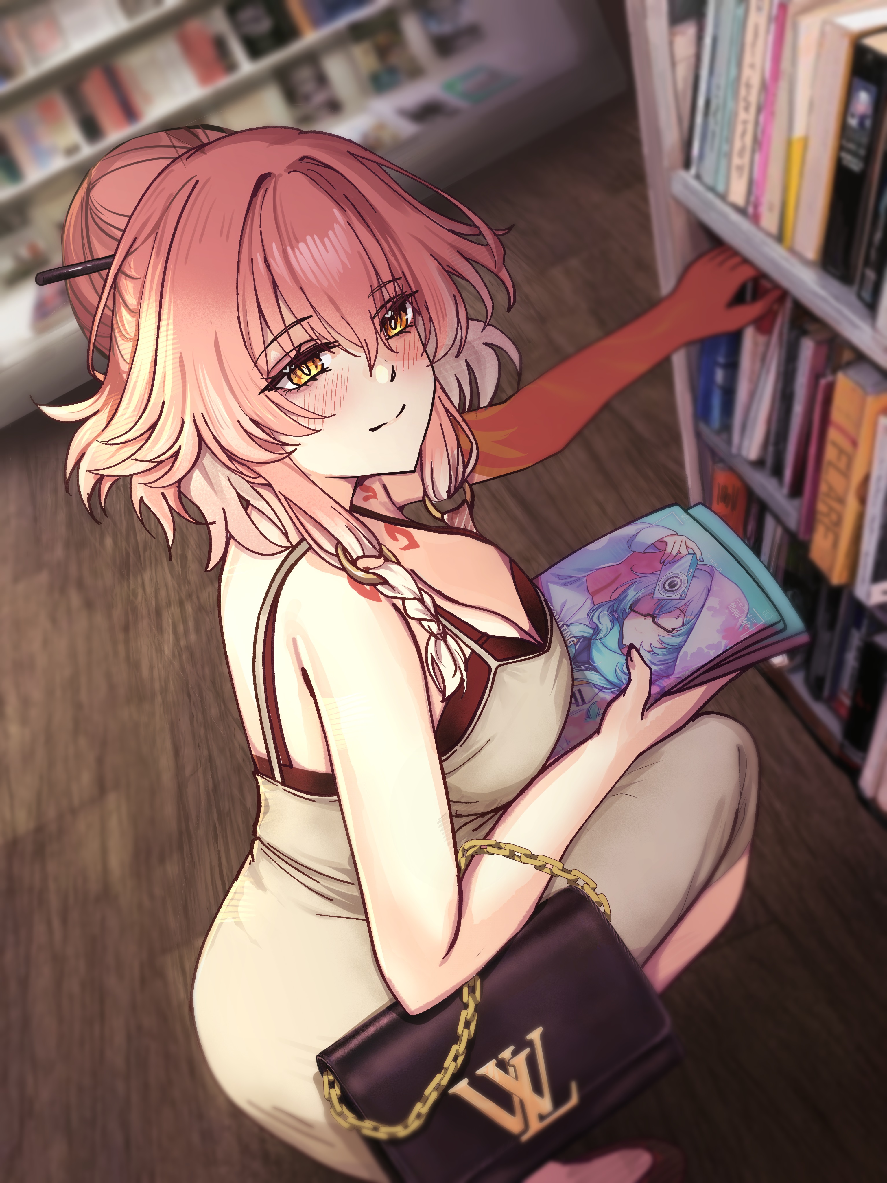 flareza, changli (wuthering waves), wuthering waves, absurdres, annotated, commentary, english commentary, highres, 1girl, alternate costume, bare shoulders, black bag, blush, body markings, breasts, cleavage, closed mouth, colored extremities, dongtan dress, from side, hair between eyes, hair ornament, hair stick, indoors, large breasts, library, looking at viewer, looking to the side, photo background, red hands, smile, solo, squatting, yellow eyes