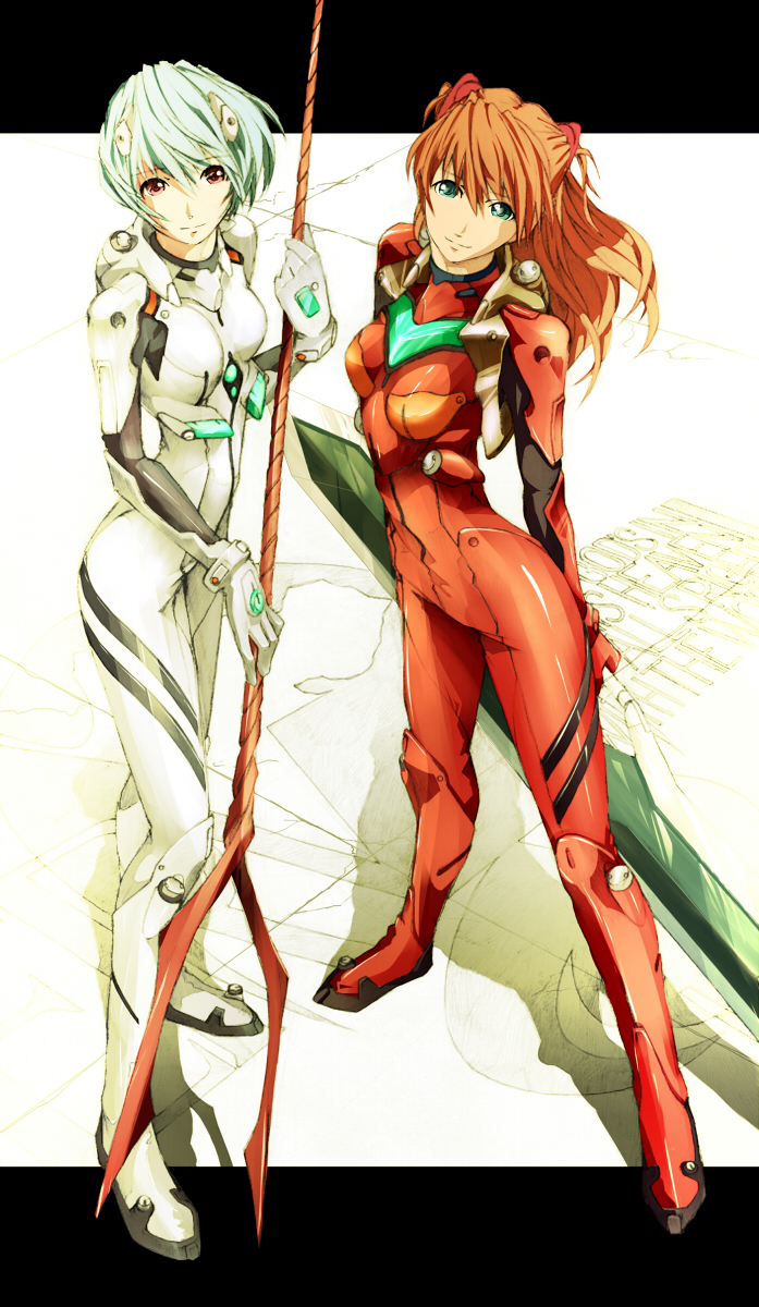 eto, ayanami rei, souryuu asuka langley, neon genesis evangelion, bad id, bad pixiv id, colorized, highres, 2girls, aqua hair, bident, blue eyes, blue hair, bodysuit, green eyes, lance of longinus (evangelion), long hair, mecha pilot suit, multiple girls, plugsuit (evangelion), polearm, red eyes, red hair, weapon