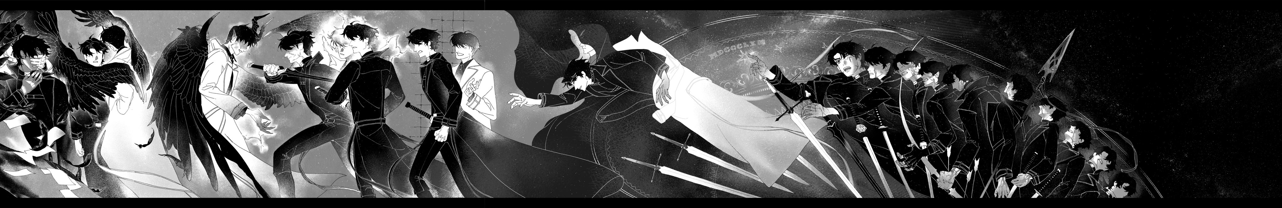 kim dokja, secretive plotter, yoo joonghyuk, omniscient reader's viewpoint, absurdres, highres, long image, wide image, 2boys, afterimage, black border, black wings, border, clenched teeth, cloak, colored extremities, colored veins, covering face, demon horns, falling paper, feathered wings, greyscale, holding, holding sword, holding weapon, hood, hood up, hooded cloak, horns, male focus, monochrome, multiple boys, multiple persona, official alternate costume, one eye closed, open mouth, outstretched arm, reaching, reaching towards another, scar, scar across eye, scar on face, sheath, stab, sword, teeth, too many clones, too many weapons, unsheathing, vivi102828, weapon, wings