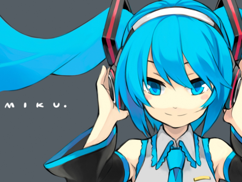 minoa (lastswallow), hatsune miku, vocaloid, bad id, bad pixiv id, 1girl, blue eyes, blue hair, detached sleeves, female focus, headphones, long hair, matching hair/eyes, necktie, smile, solo, twintails