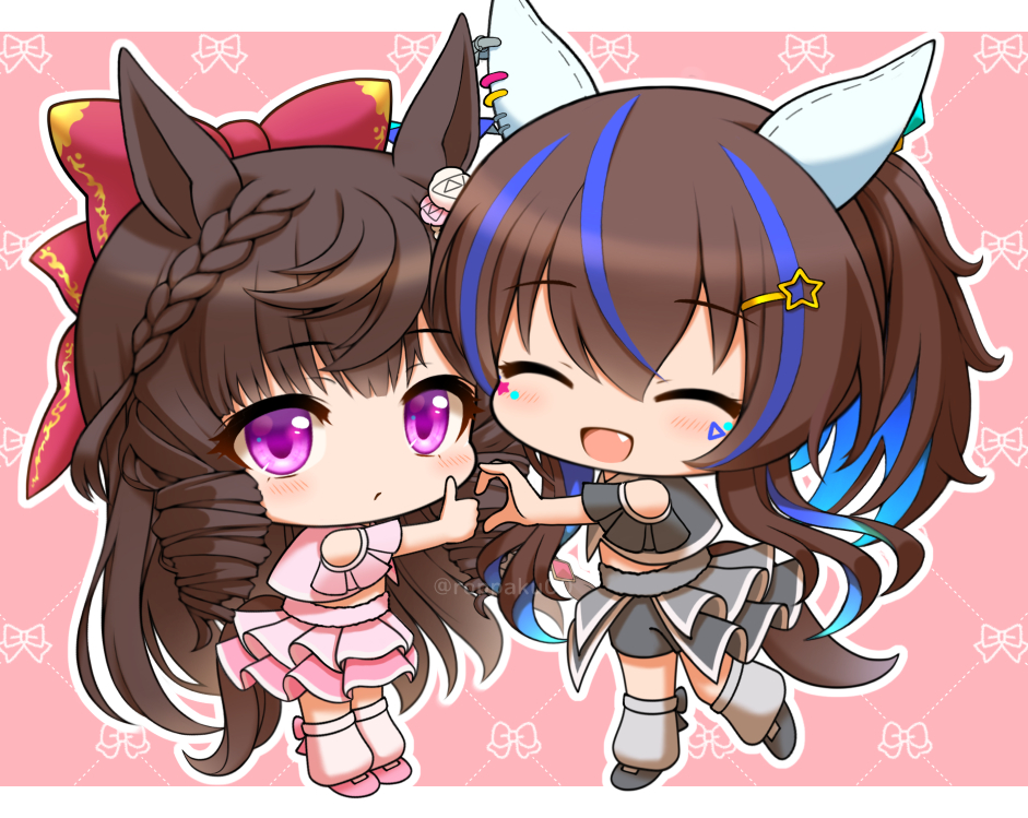 roppaku, daiichi ruby (umamusume), daitaku helios (umamusume), umamusume, 2girls, animal ears, black hair, black shirt, black shorts, blue hair, blush, bow, braid, brown hair, chibi, chibi only, closed eyes, clothing cutout, colored inner hair, cropped shirt, drill hair, drill sidelocks, ear covers, ear ornament, facial tattoo, fang, grey skirt, grey socks, hair between eyes, hair bow, hair ornament, hairclip, heart, heart hands, horse ears, horse girl, horse tail, layered skirt, long hair, looking at viewer, loose socks, meni shuki rush-sshu!, multicolored hair, multiple girls, open mouth, pink shirt, pink shoes, pink skirt, pink socks, purple eyes, shirt, shoes, shorts, shoulder cutout, side drill, side ponytail, sidelocks, skirt, smile, socks, star (symbol), star hair ornament, streaked hair, tail, tattoo, thumbs up, twin drills