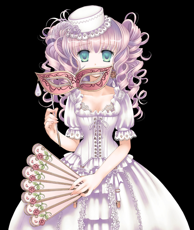 kazumi, plastic moon, 1girl, black background, collarbone, corset, curly hair, dress, female focus, folding fan, green eyes, hand fan, hat, holding, looking at viewer, mask, pink hair, puffy short sleeves, puffy sleeves, short sleeves, simple background, solo, twintails, white dress