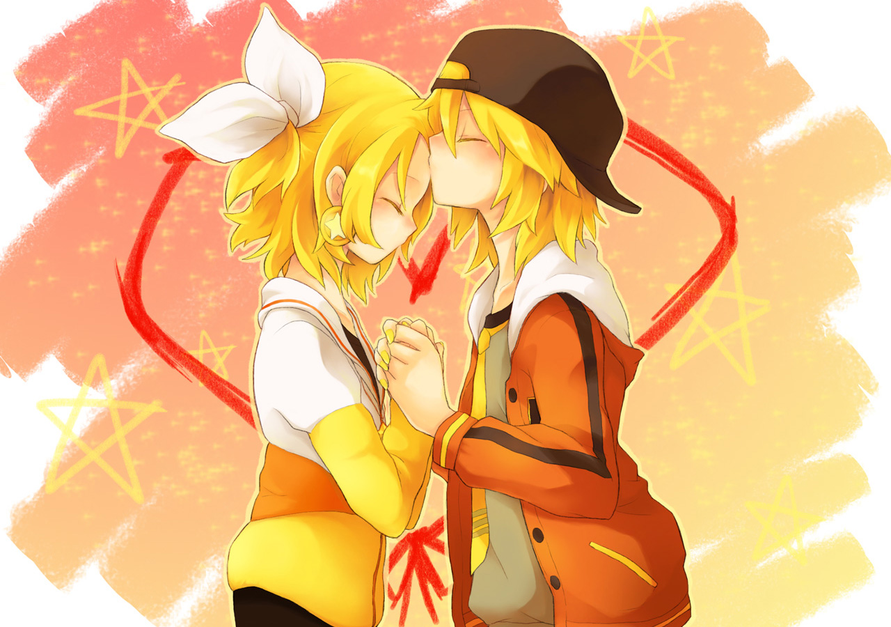 bin (pixiv), hana (mew), kagamine len, kagamine rin, juvenile (vocaloid), vocaloid, bad id, bad pixiv id, 1boy, 1girl, baseball cap, blonde hair, brother and sister, casual, earrings, hair ribbon, hat, hetero, holding hands, hood, hoodie, jewelry, kiss, kissing forehead, nail polish, ribbon, short hair, siblings, twins, yellow nails