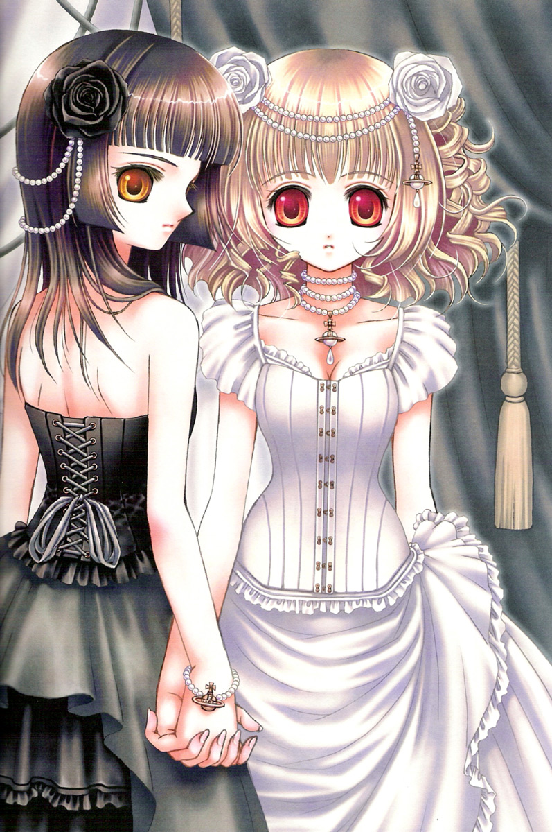 plastic moon, highres, 2girls, black hair, blonde hair, blunt bangs, bracelet, corset, dress, flower, gothic lolita, hair flower, hair ornament, hime cut, holding hands, jewelry, lolita fashion, looking back, multiple girls, necklace, orange eyes, red eyes, short hair
