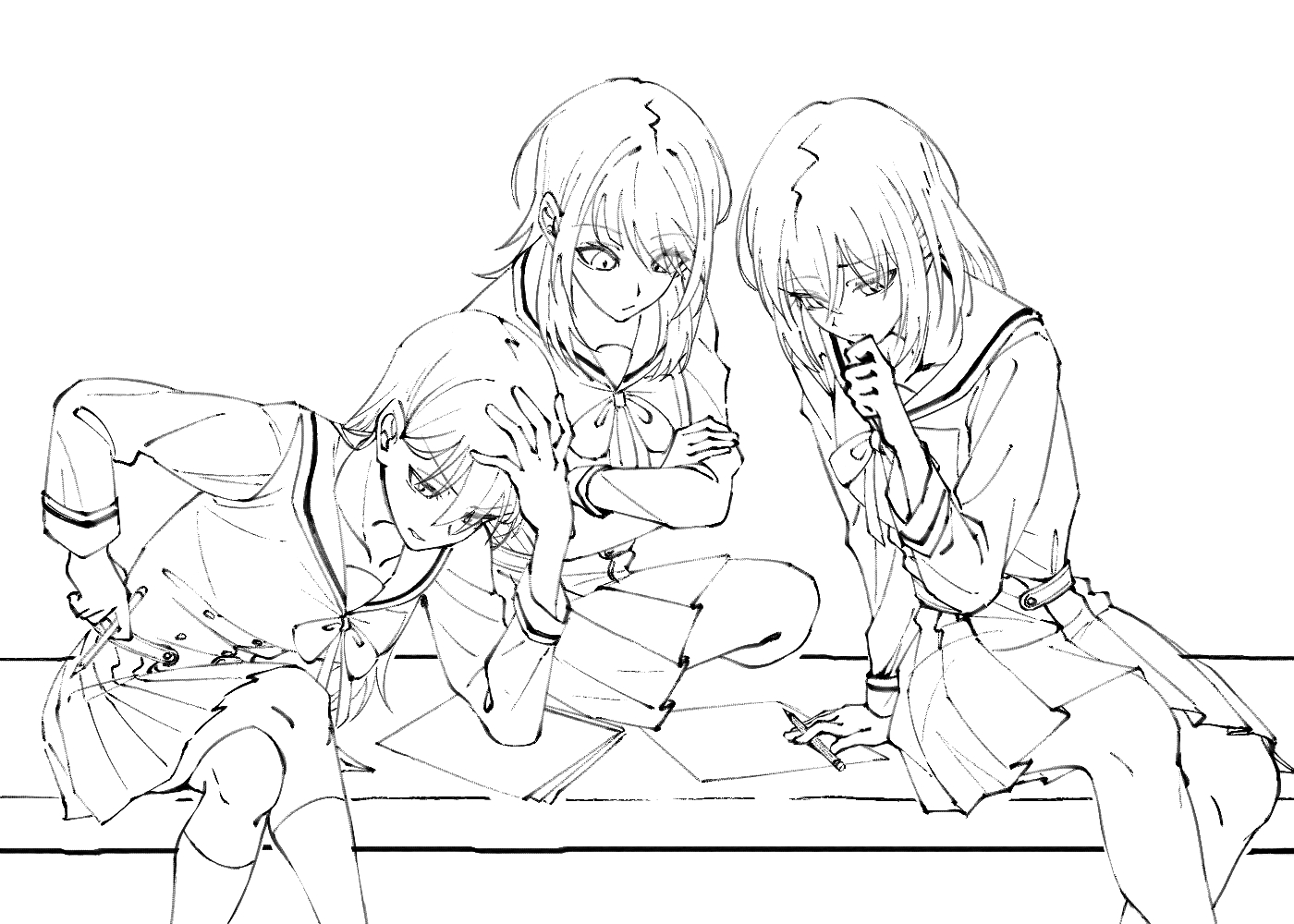 doki (oox3o), misumi uika, shiina taki, yahata umiri, bang dream!, bang dream! it's mygo!!!!!, unfinished, 3girls, bow, bowtie, crossed arms, crossed legs, dress, hair between eyes, hanasakigawa school uniform, hand on own head, holding, holding pen, kneehighs, lineart, long hair, medium hair, mole, mole under eye, multiple girls, open mouth, pen, purple eyes, sailor collar, sailor dress, school uniform, sitting, socks