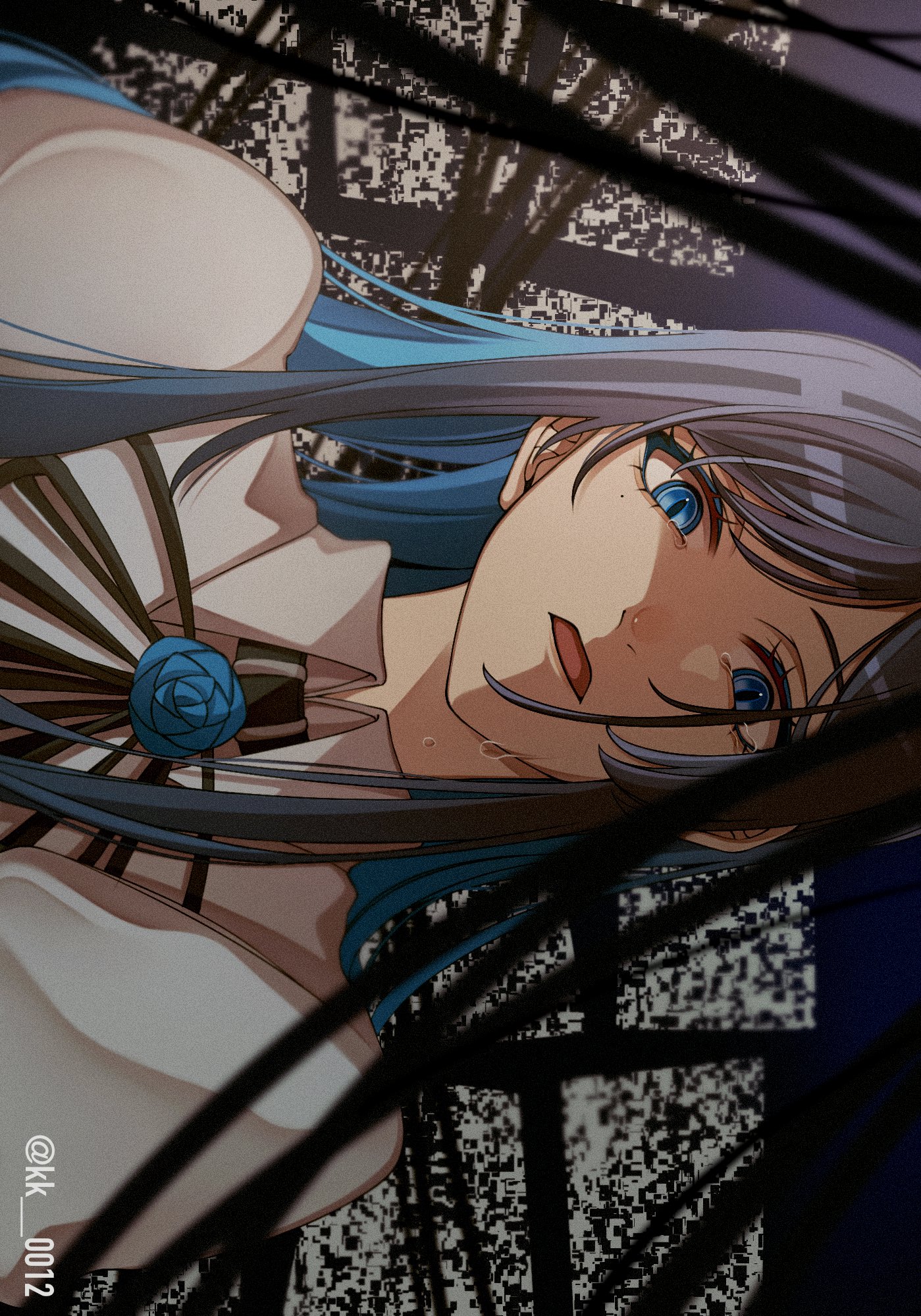 keeko (kk 0012), chando (ado), ado (utaite), commentary, highres, 1girl, black hair, black ribbon, blue eyes, blue hair, colored inner hair, crying, crying with eyes open, long hair, looking at viewer, mole, mole under eye, multicolored hair, neck ribbon, open mouth, ribbon, shirt, sidelocks, sideways glance, solo, tears, utaite, white shirt