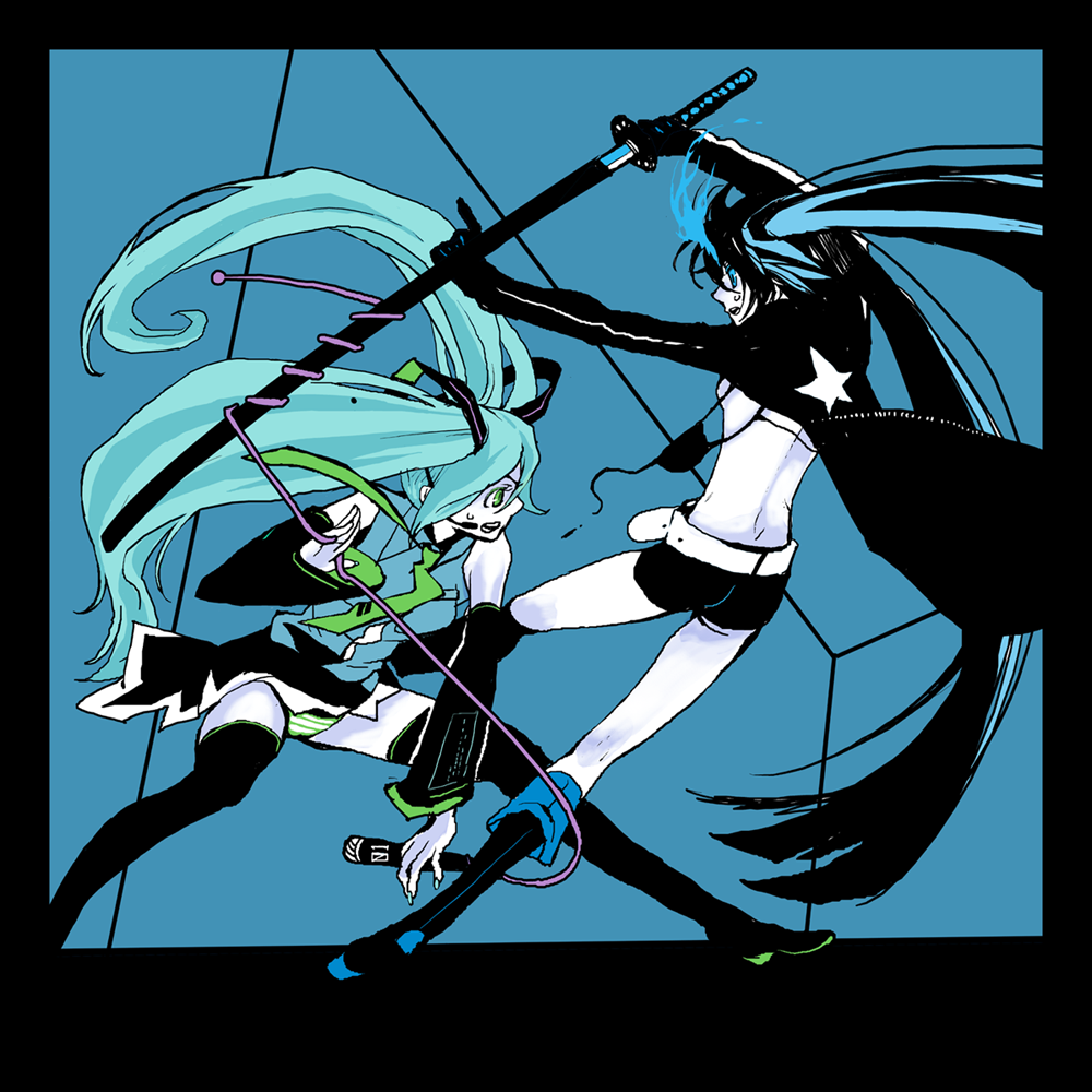 ivanco, black rock shooter (character), hatsune miku, black rock shooter, vocaloid, 10s, 2girls, action, aqua hair, battle, bikini, bikini top only, black hair, blue eyes, boots, coat, detached sleeves, glowing, glowing eyes, green eyes, headset, katana, long hair, microphone, midriff, multiple girls, necktie, pale skin, panties, shorts, skirt, sweat, swimsuit, sword, thighhighs, twintails, underwear, wardrobe malfunction, weapon