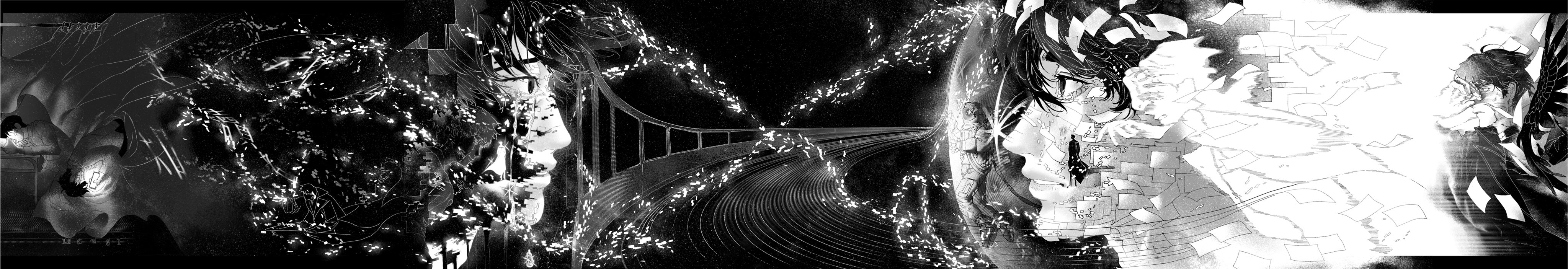 kim dokja, oldest dream, yoo joonghyuk, omniscient reader's viewpoint, absurdres, highres, long image, wide image, 2boys, aegyo sal, black border, black wings, border, burning, clenched teeth, cloak, covering own eyes, curled up, disintegration, dual persona, falling paper, feathered wings, glint, glowing, greyscale, helmet, hood, hooded cloak, male focus, monochrome, motion blur, multiple boys, railing, reaching, reaching towards another, space, space helmet, teeth, vivi102828, wings