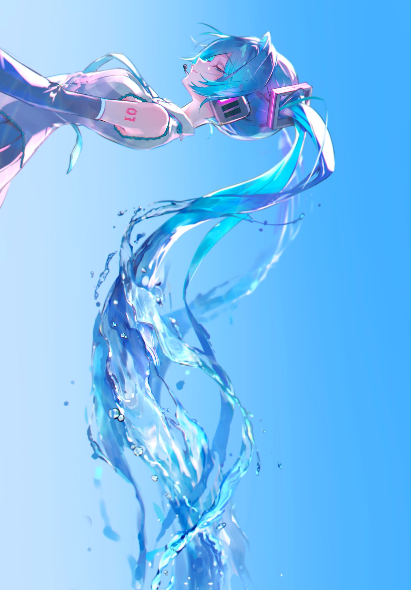 tetete (pooolsar), hatsune miku, vocaloid, clip studio paint (medium), commentary, highres, making-of available, 1girl, aqua hair, aqua necktie, arm tattoo, backlighting, black skirt, black sleeves, blue background, blurry, blurry background, detached sleeves, floating hair, from side, gradient background, grey shirt, headphones, headset, liquid hair, long hair, necktie, pleated skirt, profile, shirt, sideways, simple background, skirt, smile, solo, standing, tattoo, twintails, upper body, very long hair, water drop