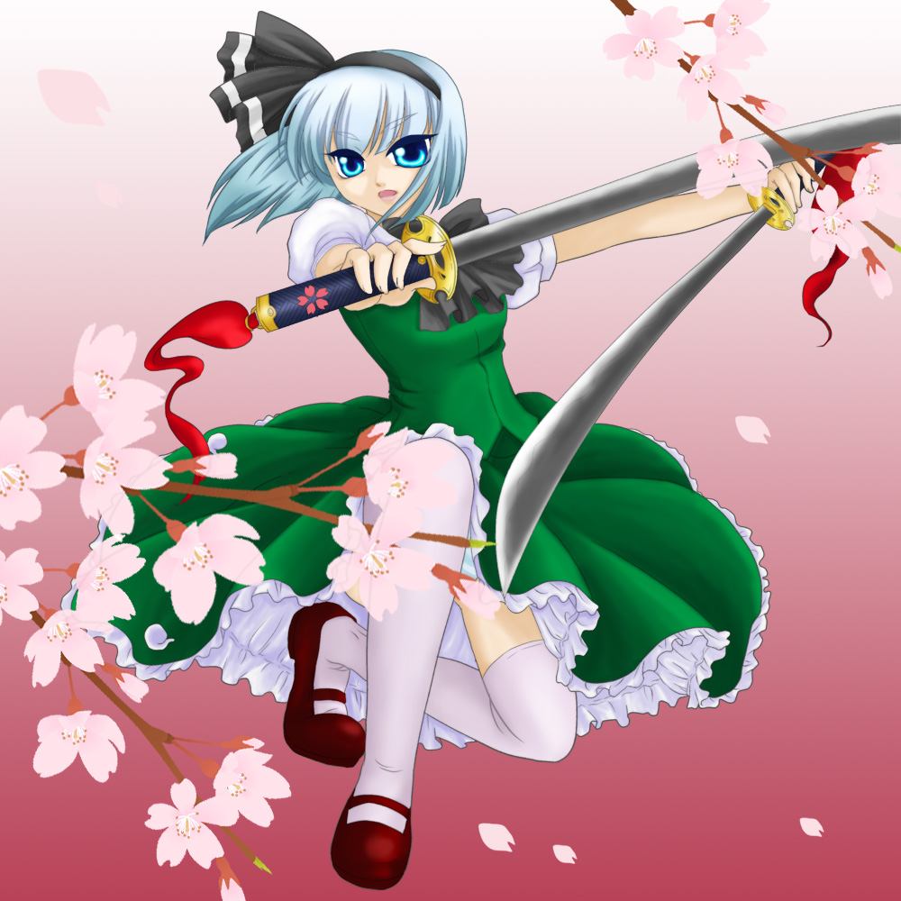 murasaki-san, konpaku youmu, touhou, silver hair, 1girl, blue eyes, cherry blossoms, dual wielding, female focus, flower, hairband, holding, katana, mary janes, shoes, short hair, solo, sword, thighhighs, weapon