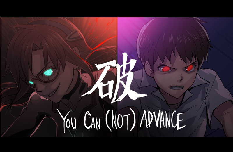 agasang, ikari shinji, makinami mari illustrious, evangelion: 2.0 you can (not) advance, neon genesis evangelion, rebuild of evangelion, 00s, 1boy, 1girl, copyright name, crazy eyes, glasses, glowing, glowing eyes, green eyes, grin, mecha pilot suit, plugsuit (evangelion), ringed eyes, smile, split screen