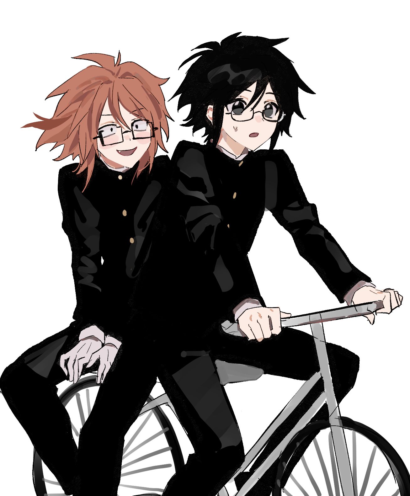 shime52631, randal ivory, tsukada satoru, randal's friends, highres, 2boys, bespectacled, bicycle, black eyes, black hair, brown hair, constricted pupils, fang, gakuran, glasses, gloves, long sleeves, male focus, multiple boys, open mouth, riding, riding bicycle, school uniform, short hair, smile, sweat