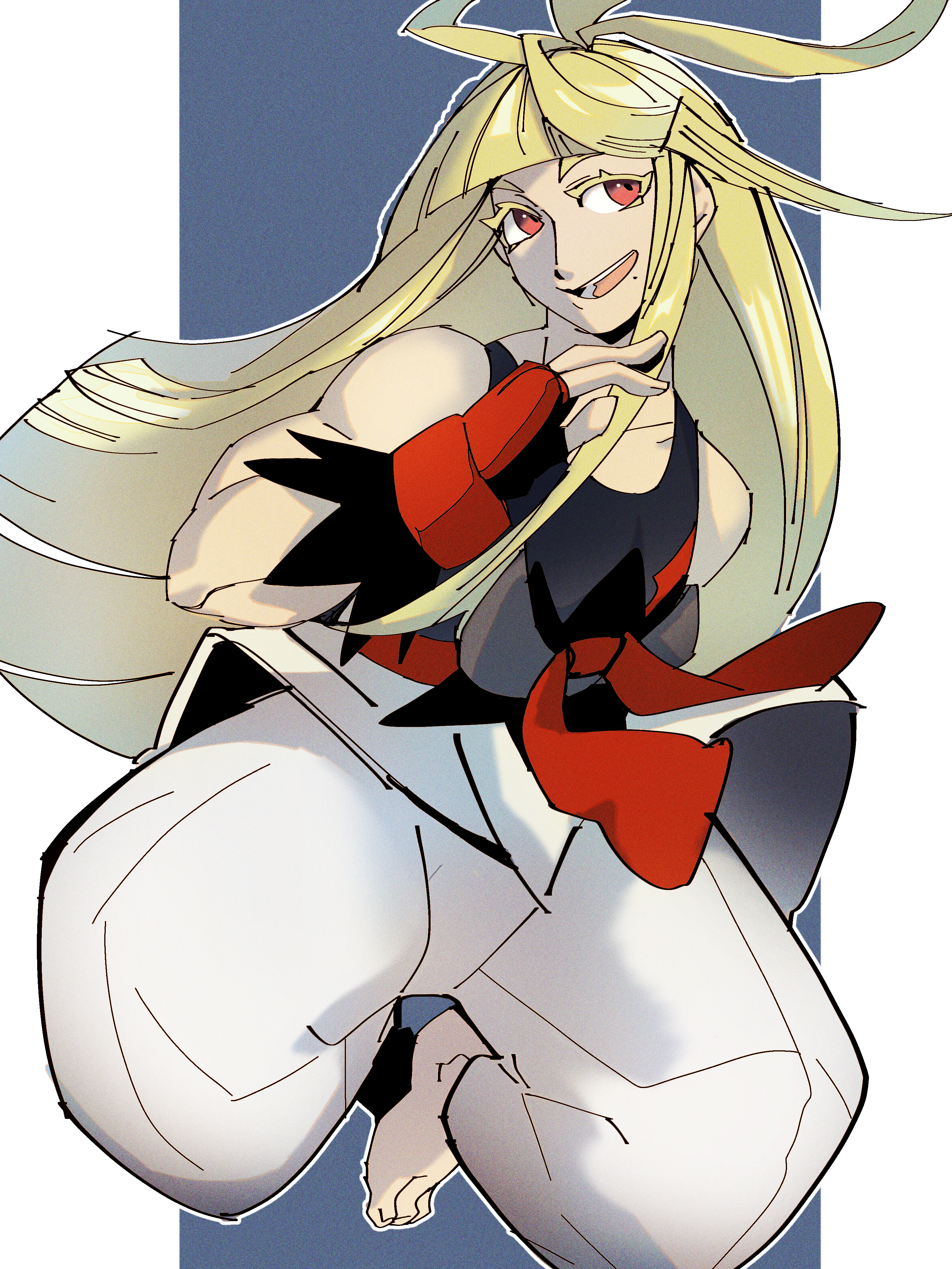 ivor (pokemon), nintendo, pokemon, pokemon legends: z-a, absurdres, highres, 1boy, :d, barefoot, black tank top, blonde hair, colored eyelashes, dougi, gloves, karate gi, kinikura401, long hair, mole, mole under mouth, muscular, muscular male, open mouth, pants, red eyes, red gloves, shirt, smile, solo, tank top, teeth, white pants