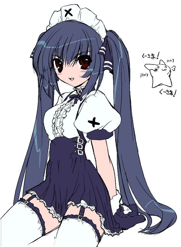 ein (artist), ein (long cake), kooh (pangya), pangya, 1girl, blue hair, female focus, garter belt, gloves, gothic lolita, lolita fashion, long hair, no nose, red eyes, sitting, solo, thighhighs, transparent background, twintails, zettai ryouiki