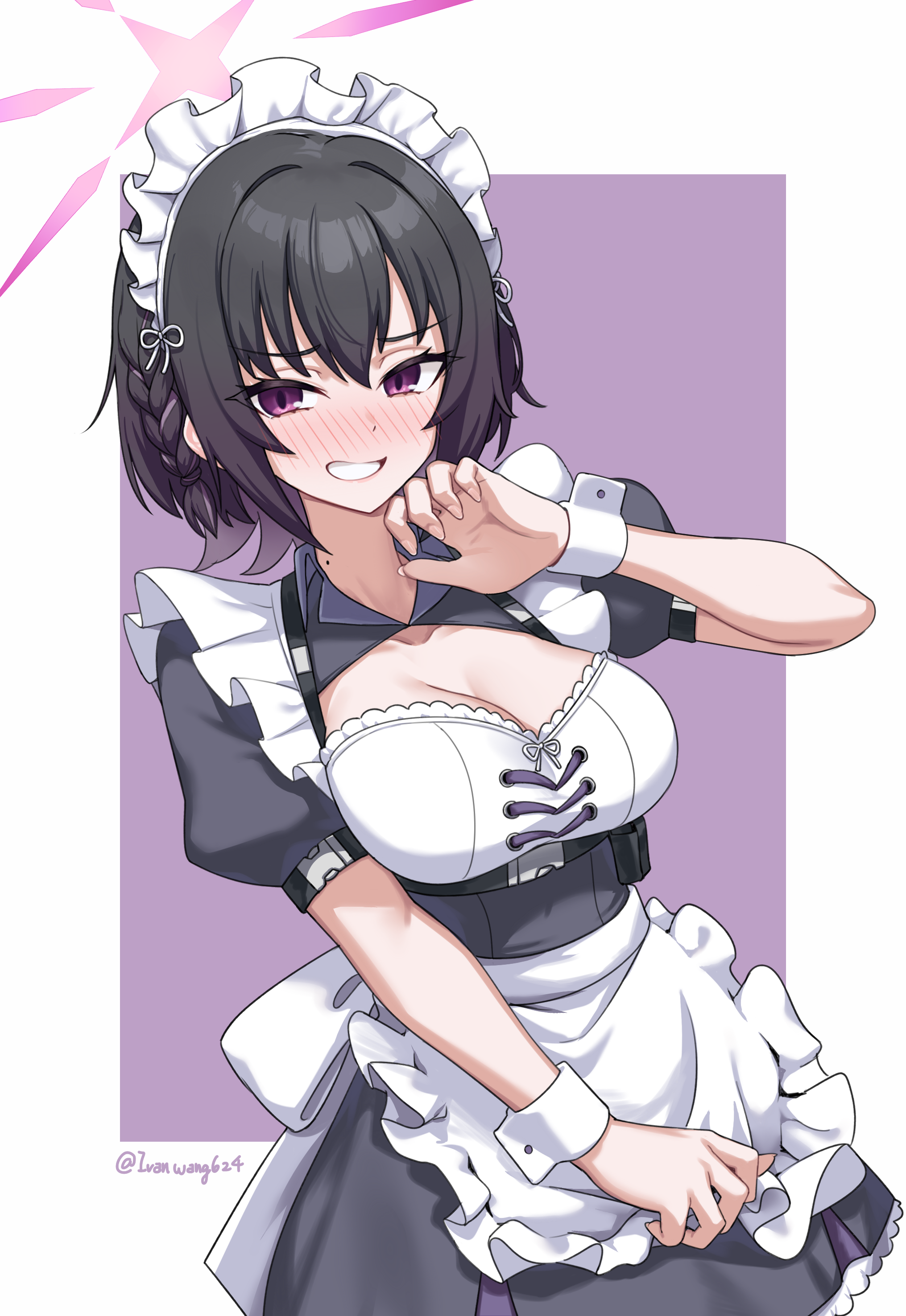ivan wang, subaru (blue archive), blue archive, absurdres, highres, 1girl, apron, black dress, black hair, blush, breasts, cleavage, dress, embarrassed, frilled apron, frills, halo, large breasts, looking at viewer, maid apron, maid headdress, nose blush, puffy short sleeves, puffy sleeves, purple eyes, purple halo, short braid, short dress, short hair, short sleeves, smile, solo, waist apron, white apron, white wrist cuffs, wrist cuffs