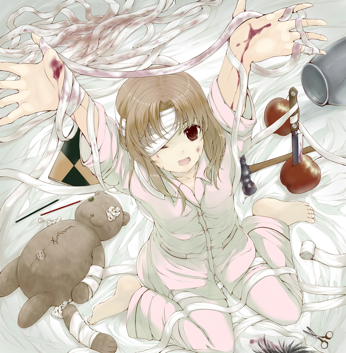 tsuzuri (itosousou), mii-kun, usotsuki mii-kun to kowareta maa-chan, bad id, bad pixiv id, 1girl, apple, bandage over one eye, bandages, barefoot, bed sheet, blood, brown eyes, brown hair, female focus, food, fruit, hammer, happy, injury, knife, notebook, one eye closed, open mouth, pajamas, pencil, scissors, sitting, solo, stuffed animal, stuffed toy, teddy bear, wariza, wink, wooden pencil