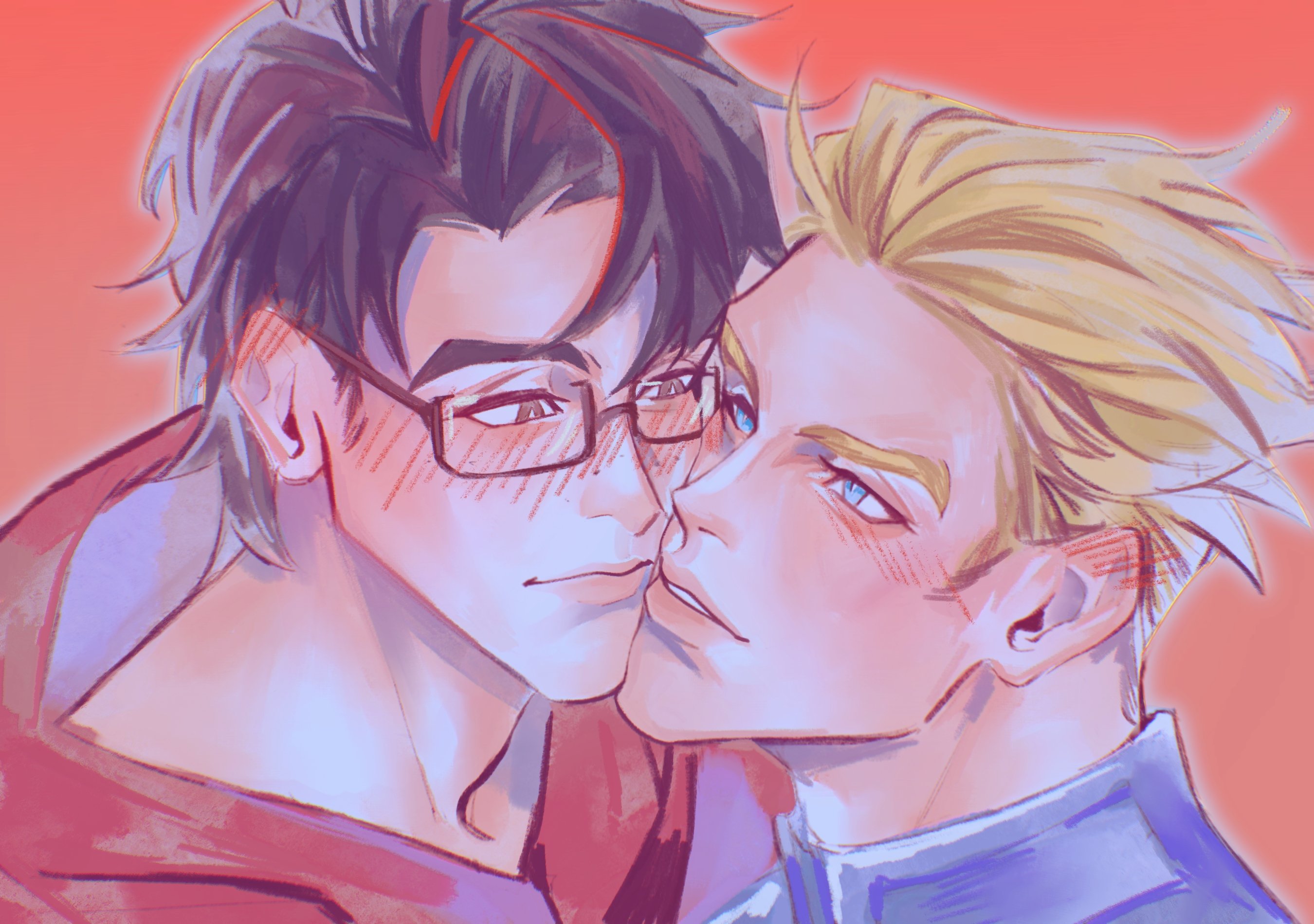 johnny storm, peter parker, fantastic four, marvel, marvel rivals, spider-man (series), hashtag-only commentary, highres, 2boys, blonde hair, blue eyes, blue shirt, blush, bright pupils, brown eyes, brown hair, cheek-to-cheek, couple, ear blush, glasses, heads together, hood, hoodie, looking at another, male focus, multiple boys, orange background, parted lips, portrait, red hoodie, semi-rimless eyewear, shirt, short hair, smile, upper body, white pupils, xuqin37179277, yaoi