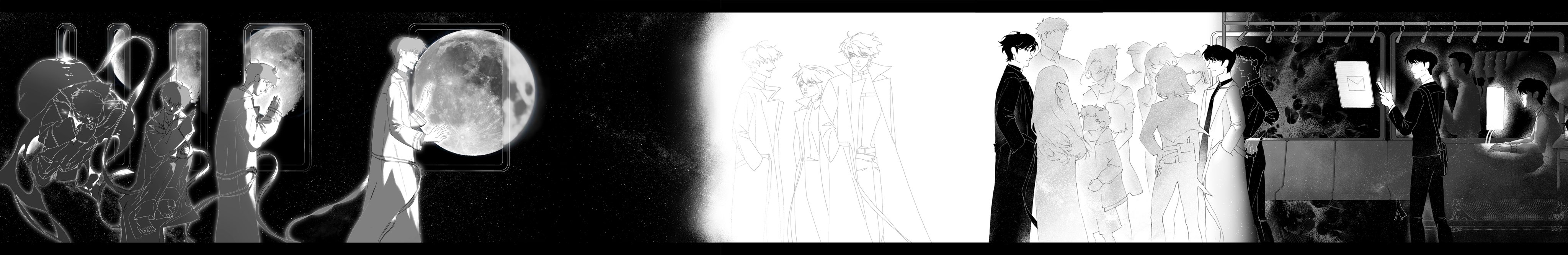 han sooyoung, jung heewon, kim dokja, lee gilyoung, lee jihye, yoo joonghyuk, yoo sangah, omniscient reader's viewpoint, absurdres, highres, long image, wide image, 2boys, 6+others, black border, border, curled up, dual persona, everyone, full moon, glowing, greyscale, han myungoh, hand up, hands in pockets, holding, holding phone, hugging own legs, looking at phone, male focus, monitor, monochrome, moon, multiple boys, multiple others, people, phone, sitting, space, standing, tether, train interior, vivi102828, window