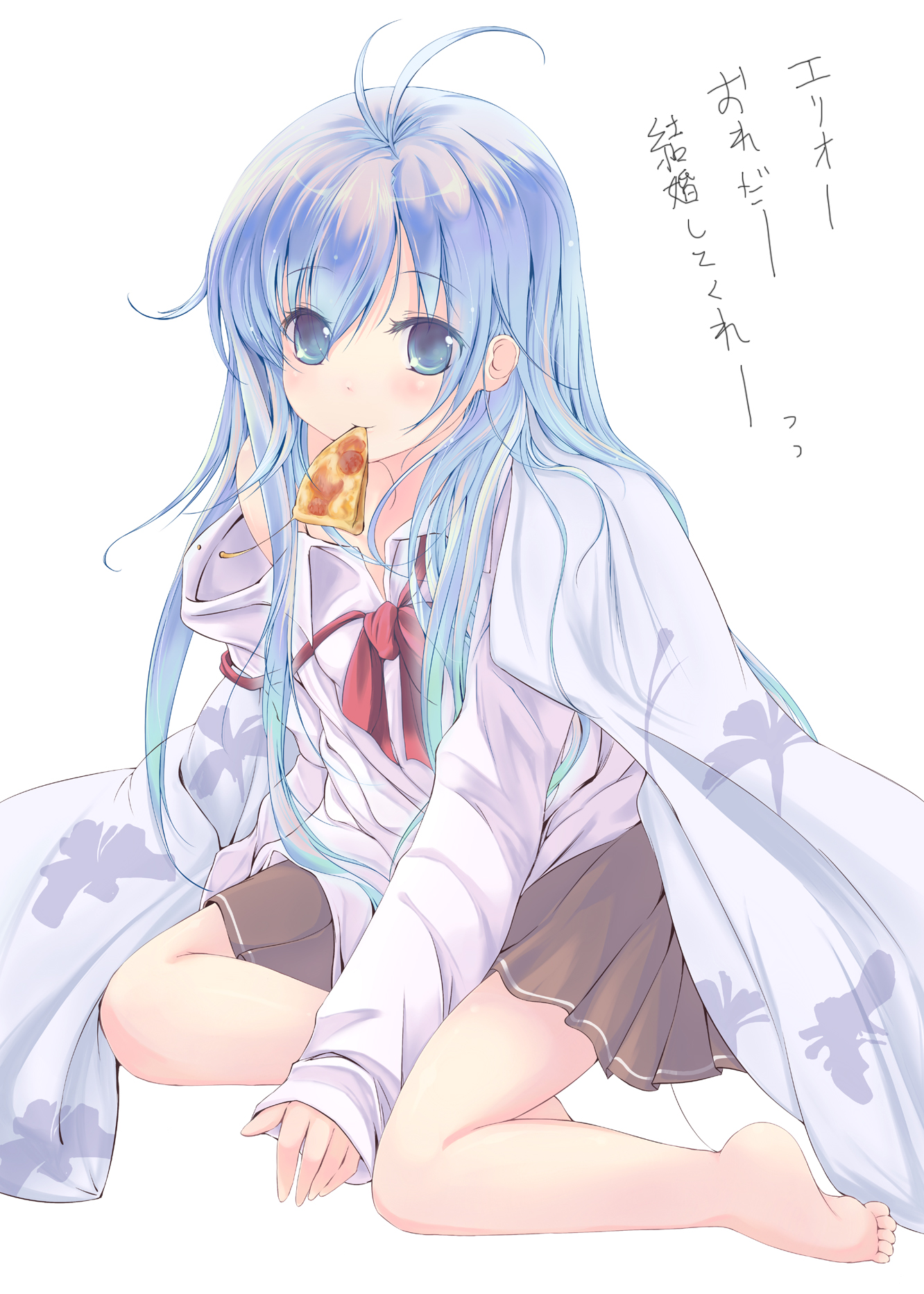 tsuzuri (itosousou), touwa erio, denpa onna to seishun otoko, bad id, bad pixiv id, highres, translation request, 10s, 1girl, ahoge, antenna hair, barefoot, blue eyes, blue hair, eating, female focus, food, long hair, matching hair/eyes, open clothes, open shirt, pizza, ribbon, school uniform, shirt, solo