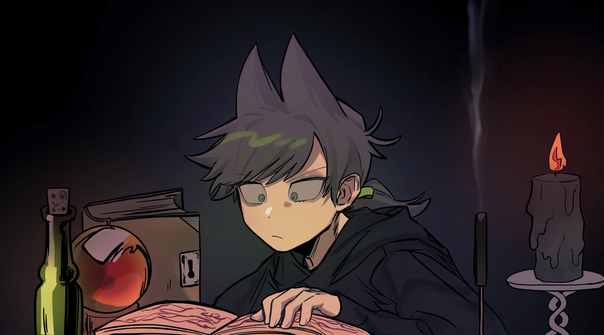 eddsworld, commentary request, derivative work, highres, 1boy, alternate costume, animification, black background, black cloak, book, bottle, brown hair, candle, cloak, crystal ball, green eyes, hood, hood down, korika02, long hair, male focus, ponytail, sanpaku, simple background, smoke, solo, tord (eddsworld)