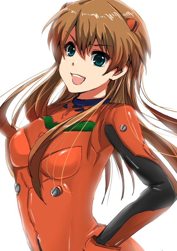 masaki (celesta), souryuu asuka langley, neon genesis evangelion, bad id, bad pixiv id, 1girl, blue eyes, bodysuit, brown hair, female focus, long hair, mecha pilot suit, open mouth, plugsuit (evangelion), smile, solo, white background