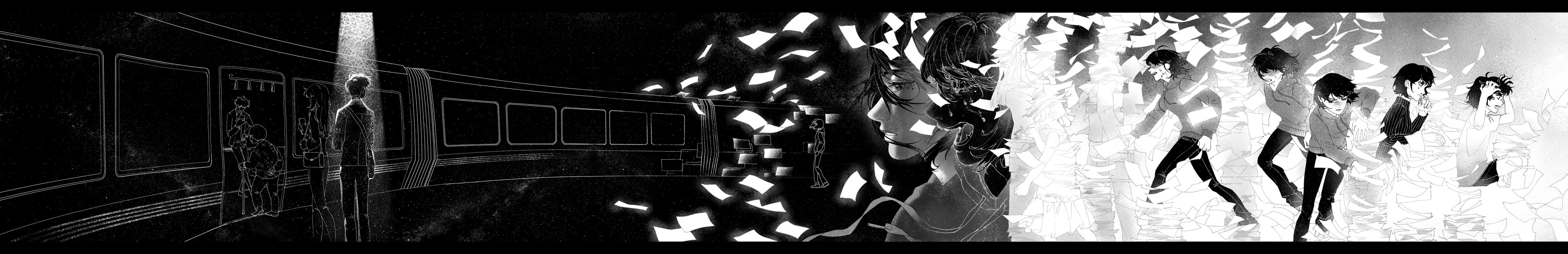han sooyoung, kim dokja, kim namwoon, yoo sangah, omniscient reader's viewpoint, absurdres, highres, long image, wide image, 1boy, 1girl, 4others, black border, border, clenched teeth, close-up, falling paper, full body, greyscale, mole, mole under eye, monochrome, multiple others, multiple persona, progression, running, silhouette, spotlight, standing, teeth, train, vivi102828