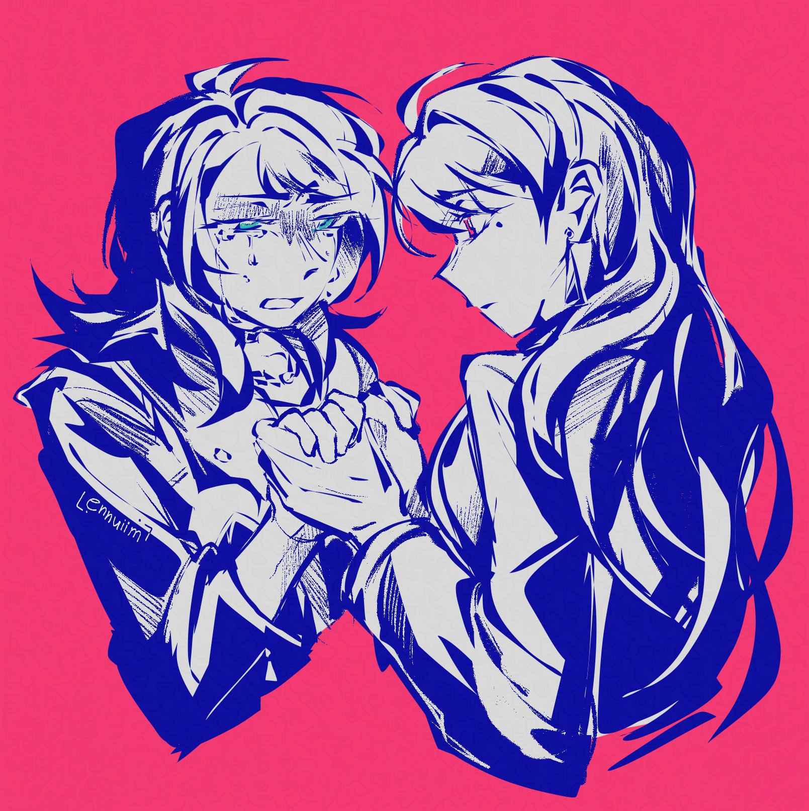 phos (ennuuiim), shiina taki, yahata umiri, bang dream!, bang dream! it's mygo!!!!!, commentary, english commentary, highres, 2girls, blue eyes, closed mouth, crying, crying with eyes open, earclip, earrings, holding hands, jewelry, limited palette, long hair, long sleeves, medium hair, mole, mole under eye, multiple girls, pink background, purple eyes, simple background, tears