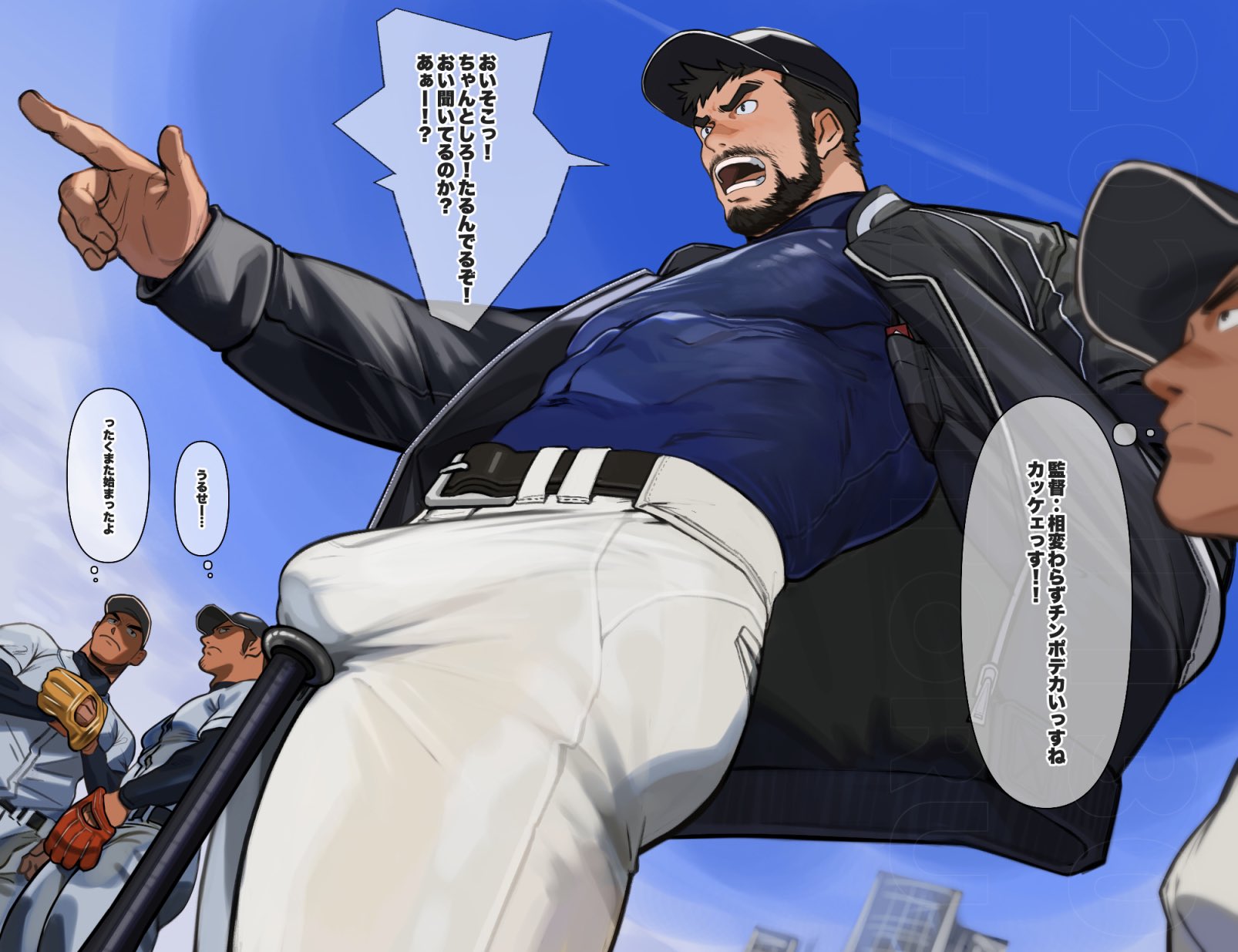 tarutoru, original, highres, translation request, 4boys, bara, baseball bat, baseball cap, baseball glove, baseball uniform, beard, belt, black eyes, black hair, black jacket, blue shirt, bulge, closed mouth, covered abs, covered navel, facial hair, frown, hand in pocket, hat, jacket, large bulge, large pectorals, male focus, multiple boys, muscular, muscular male, open clothes, open jacket, open mouth, pants, pectorals, pointing, shirt, shouting, speech bubble, sportswear, thick eyebrows, thought bubble, tight clothes, white jersey, white pants