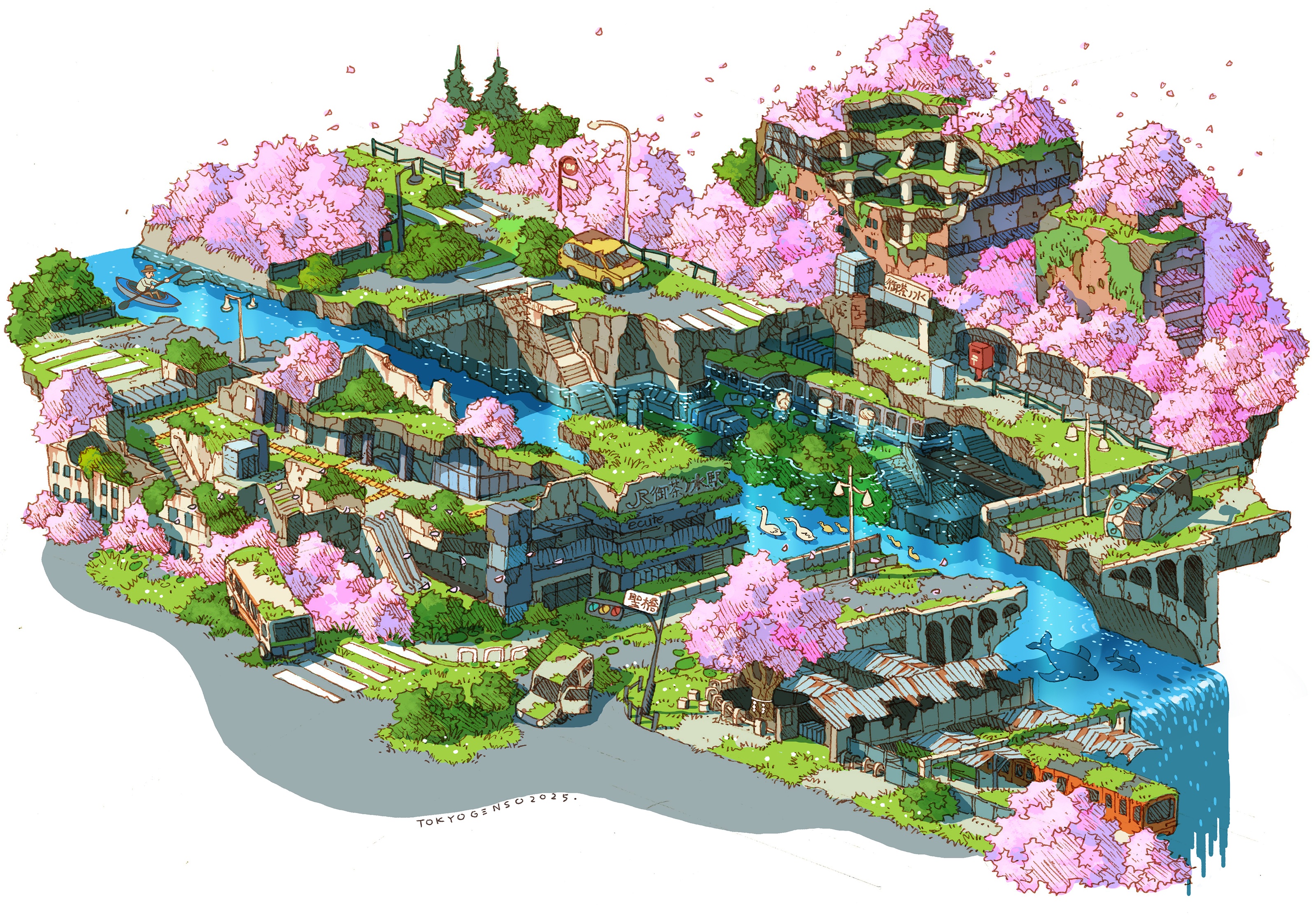 tokyogenso, original, commentary request, highres, 1boy, 2025, abandoned, animal, artist name, bird, boat, bridge, brown hat, building, bus, car, crosswalk, dilapidated, escalator, flood, grey shirt, hat, lamppost, motor vehicle, overgrown, petals, post-apocalypse, road, rowboat, ruins, rust, shirt, solo, stairs, traffic light, water, watercraft, waterfall, whale, white background