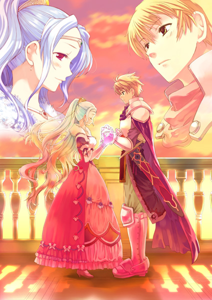 luine, takeda mika, armor, blonde hair, blue hair, blush, couple, dress, dusk, earrings, gloves, jewelry, long hair, necklace, ponytail, red eyes, ribbon, short hair, sword, weapon, yellow eyes