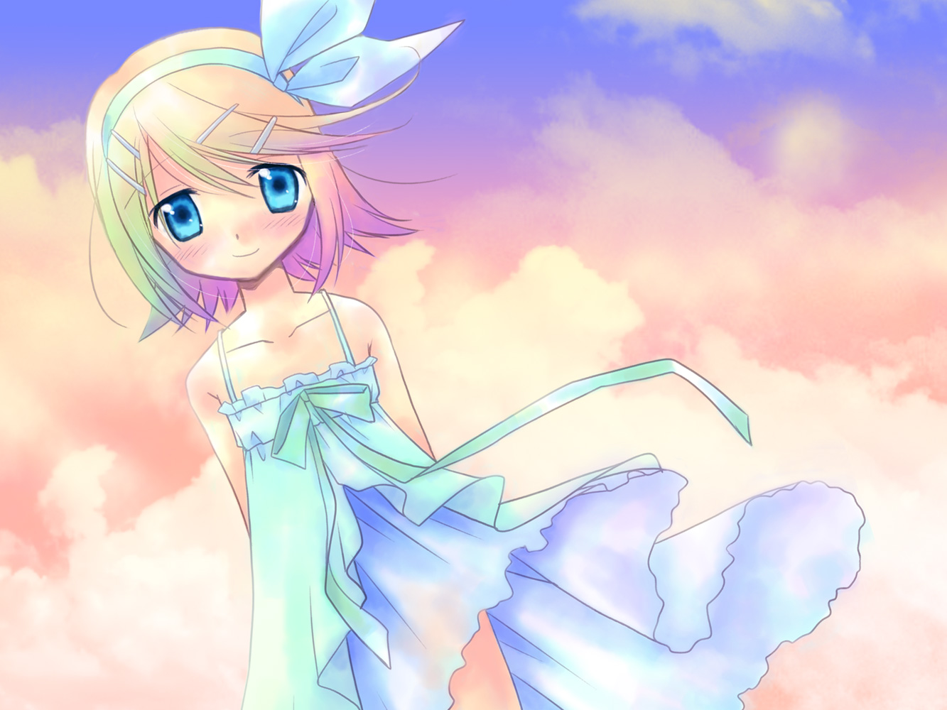shiu, shiu kazuki, kagamine rin, vocaloid, 1girl, blonde hair, blue eyes, blush, child, dress, female focus, hair ornament, hair ribbon, hairclip, outdoors, ribbon, short hair, sky, smile, solo, white dress, wind