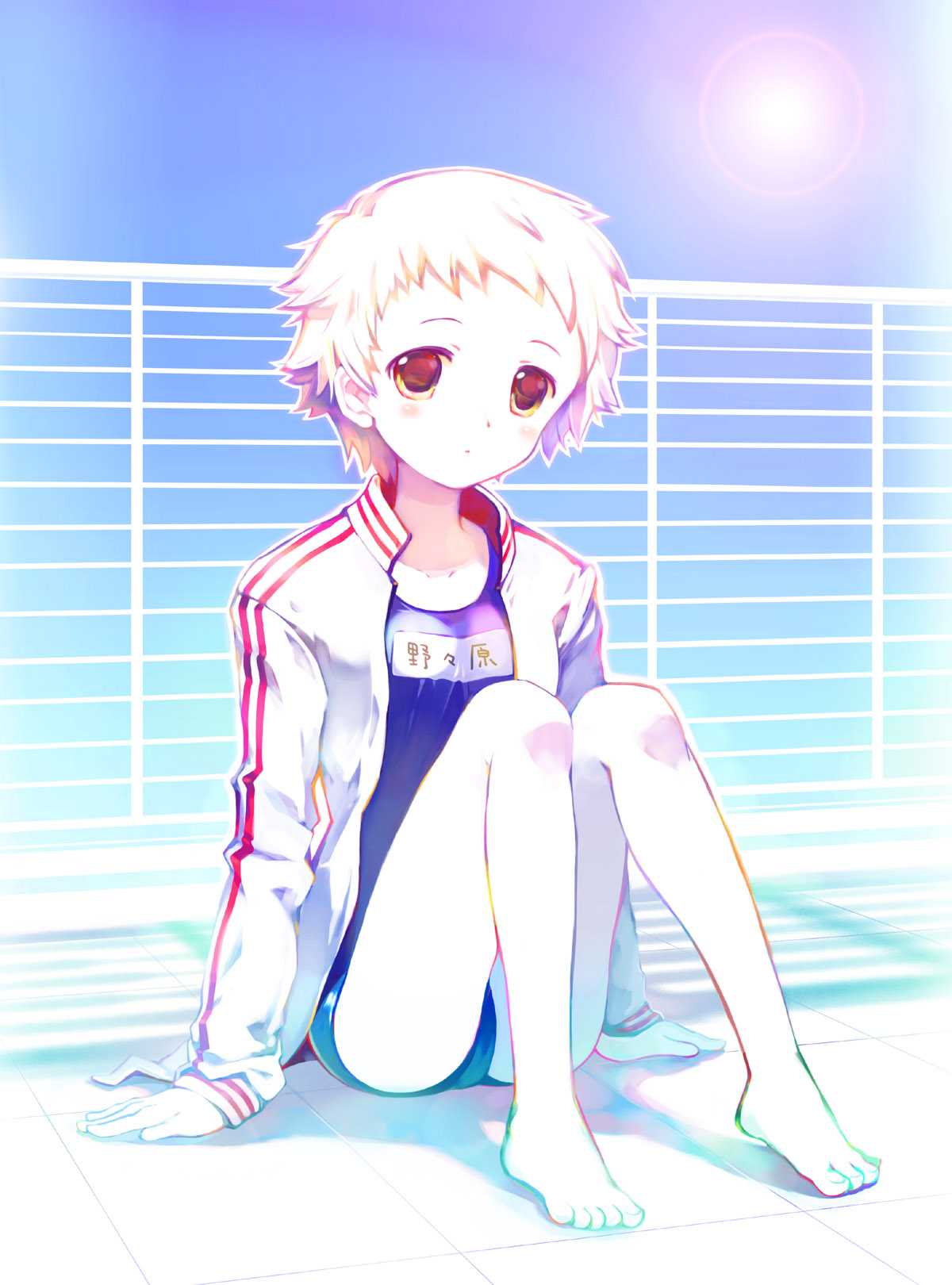 luine, takeda mika, original, bad id, bad pixiv id, highres, 1girl, albino, barefoot, feet, female focus, jacket, jacket over swimsuit, lens flare, name tag, one-piece swimsuit, open clothes, open jacket, open shirt, orange eyes, rainbow gradient, red eyes, school swimsuit, shirt, short hair, sitting, solo, sun, swimsuit, swimsuit under clothes, white hair