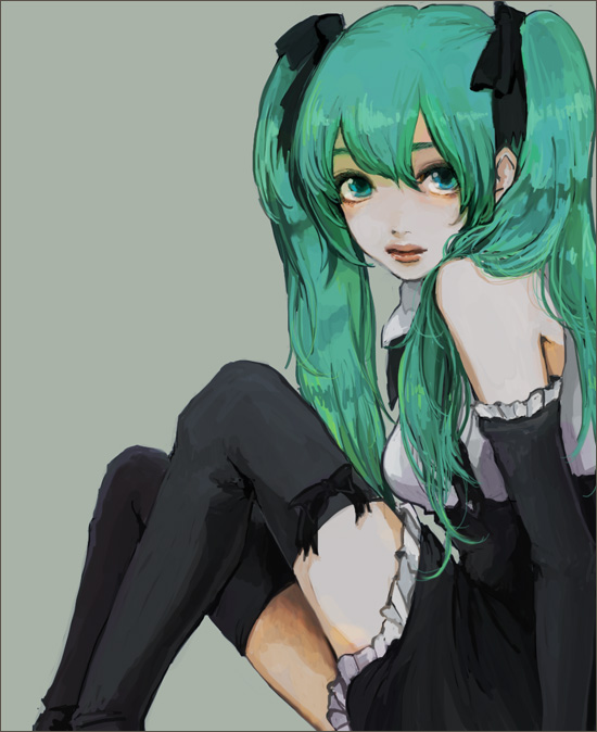 henge (hemonyan), zenra (pixiv34426), hatsune miku, vocaloid, 1girl, aqua hair, blue eyes, elbow gloves, female focus, frills, gloves, long hair, simple background, solo, thighhighs, twintails, zettai ryouiki